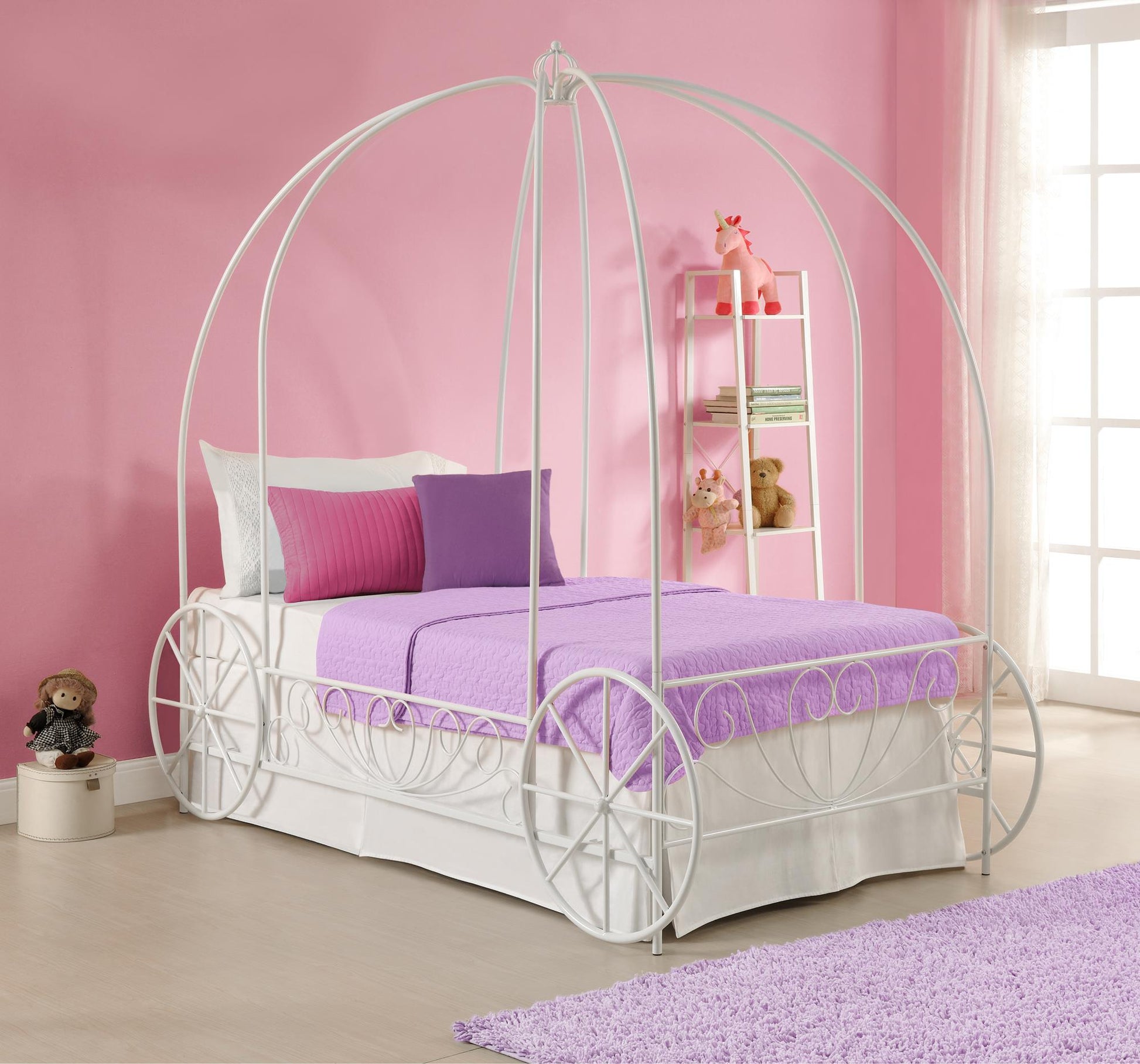 Metal Twin Carriage Bed Whimsical and Scrolled Design - White - Twin