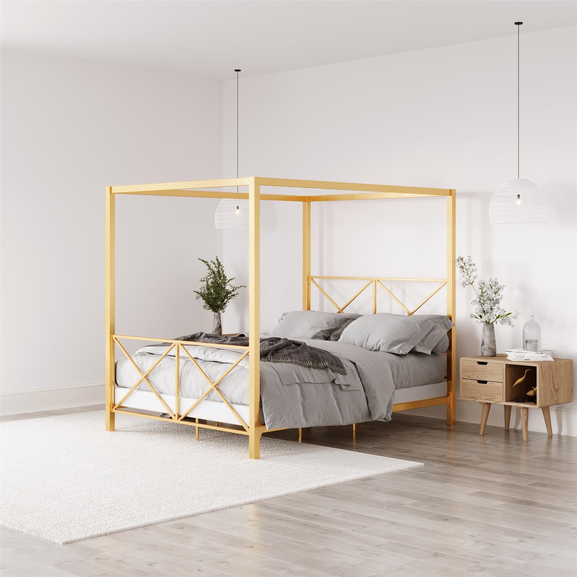 Rosedale Metal Four-Poster Canopy Bed with Crisscross Headboard and Footboard - Gold - Queen