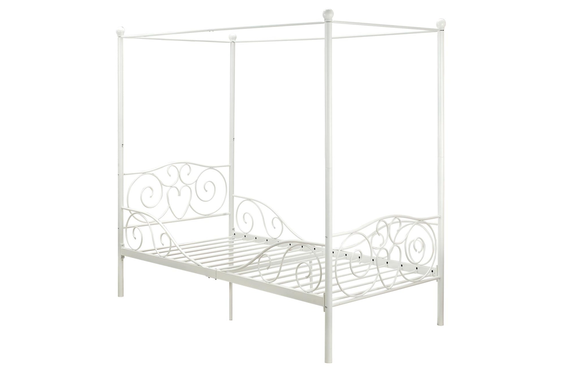 Canopy Metal Bed Frame with Intricate Design Headboard and Secured Slats - White - Twin