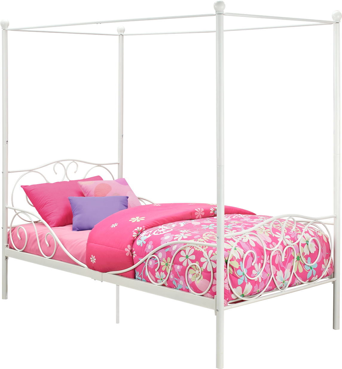 Canopy Metal Bed Frame with Intricate Design Headboard and Secured Slats - White - Twin