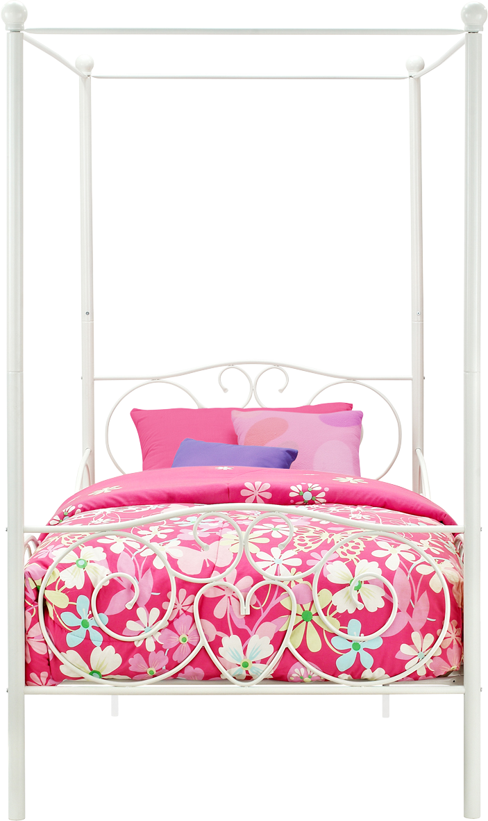 Canopy Metal Bed Frame with Intricate Design Headboard and Secured Slats - White - Twin