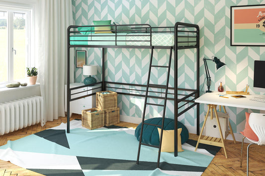 Tommy Metal Twin Loft Bed with Secured and Slanted Ladder - Black - Twin