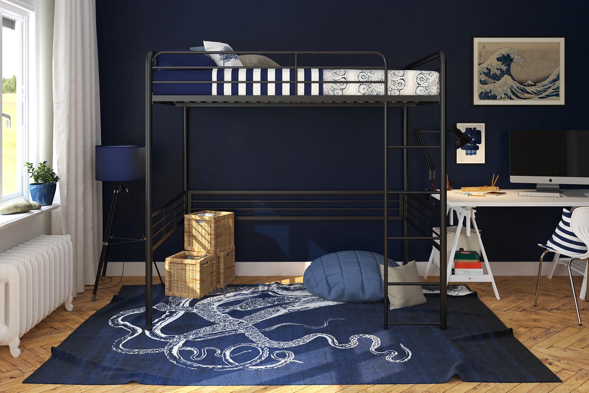 Tommy Full Metal Loft Bed with 59 Inches of Under Bed Storage - Black - Full