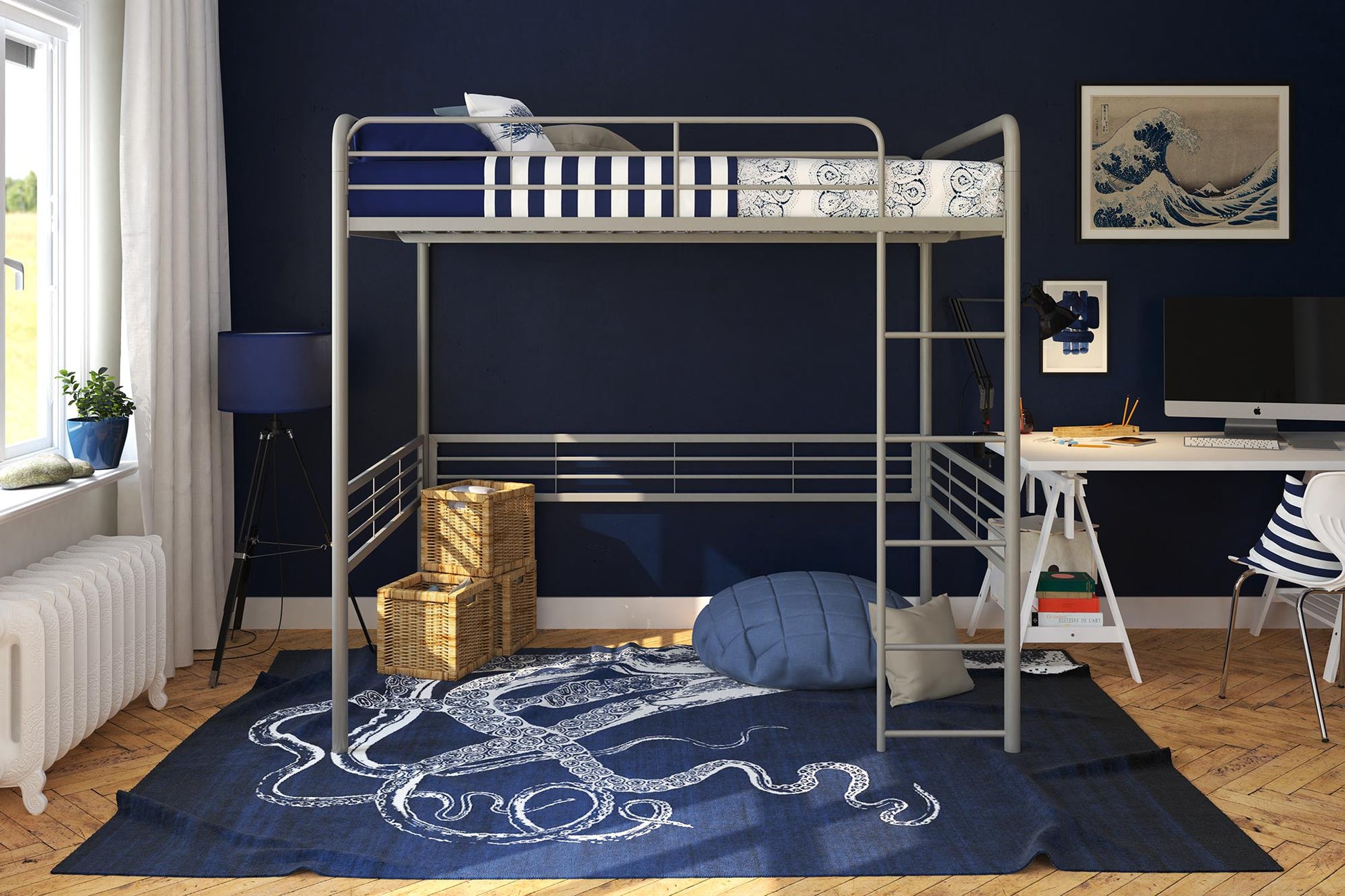 Tommy Full Metal Loft Bed with 59 Inches of Under Bed Storage - Silver - Full