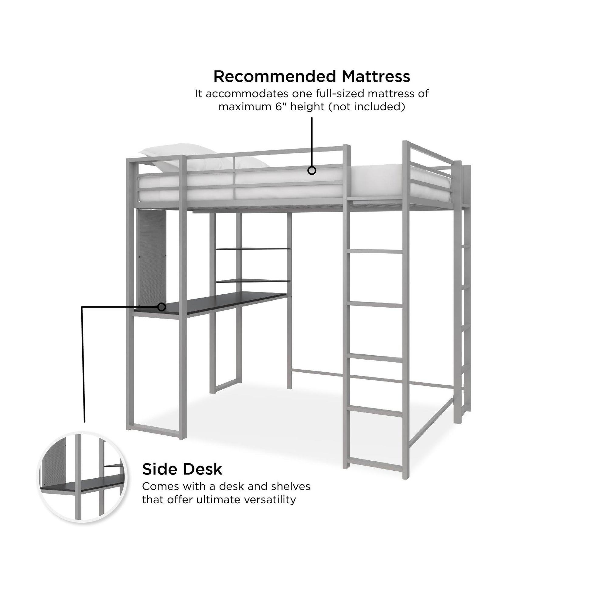 Abode Metal Loft Bed with Built in Desk and Storage Space - Silver - Full