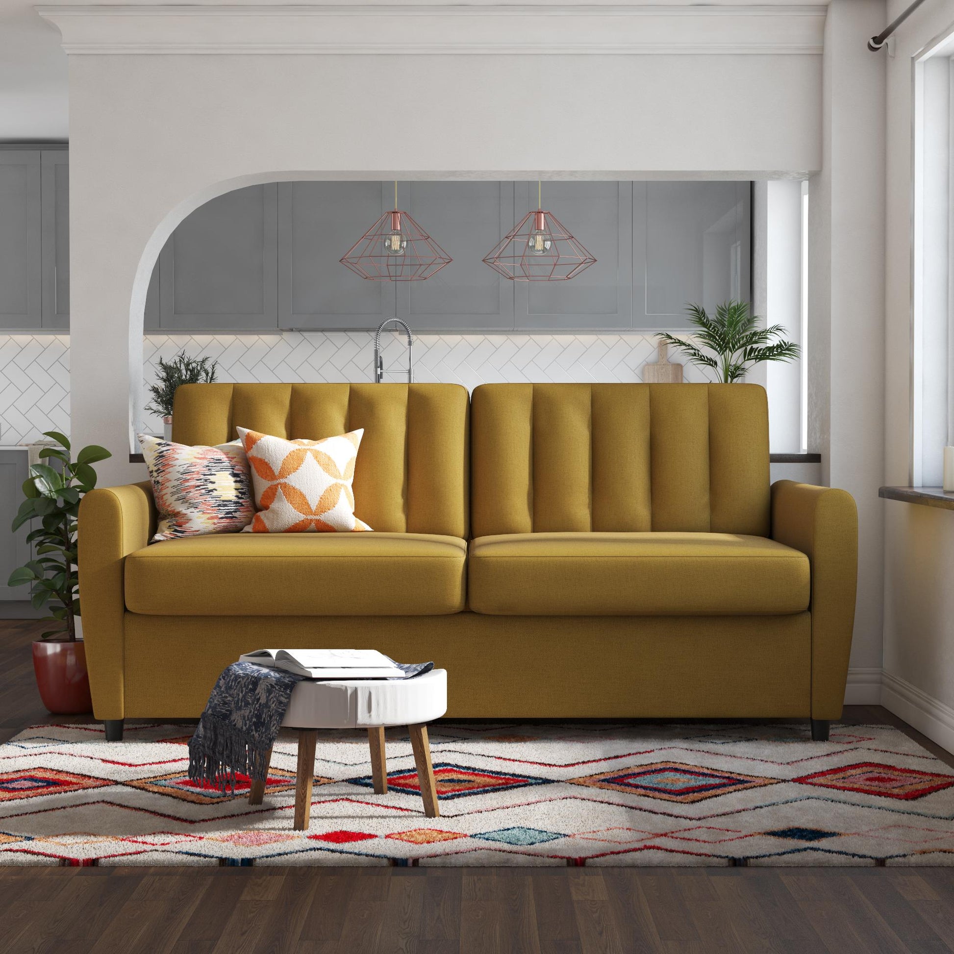 Novogratz Brittany Sleeper Sofa with Memory Foam Mattress, Queen, Mustard Linen - Mustard - Queen