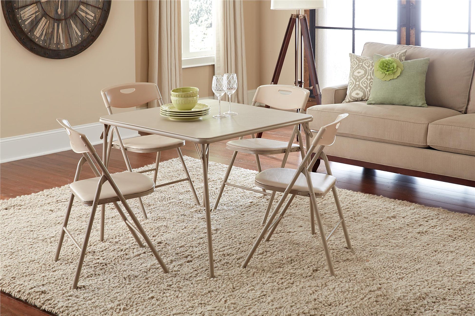 5 Piece Folding Dining Table and Chairs Set with Steel Frame and Vinyl Top - Antique Linen - 5 Piece