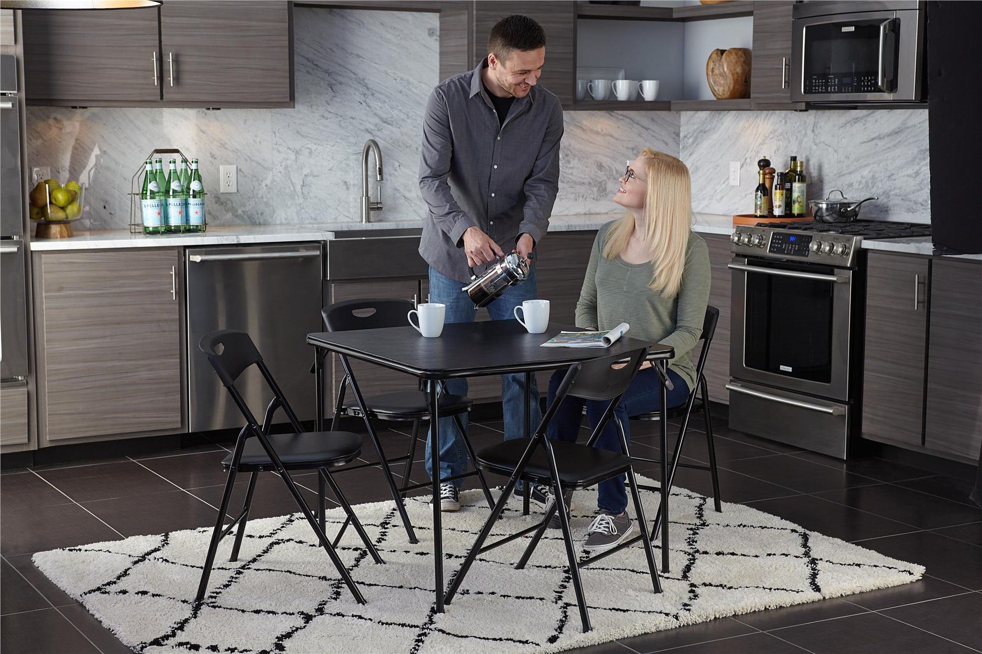 5 Piece Folding Dining Table and Chairs Set with Steel Frame and Vinyl Top - Black - 5 Piece