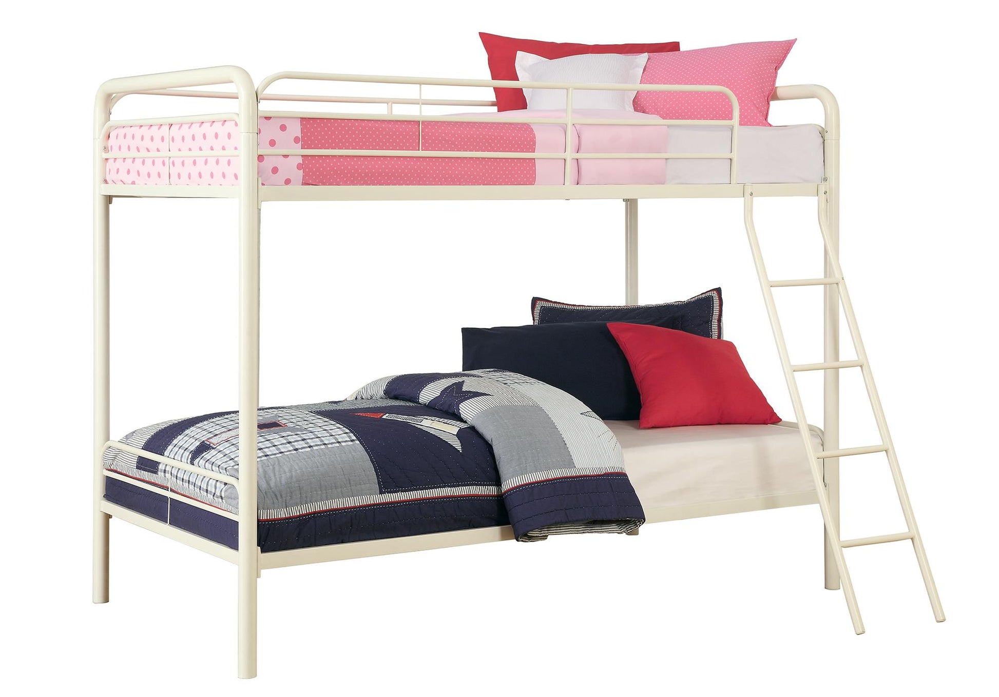 Dusty Twin over Twin Metal Bunk Bed with Slanted Front Ladder and Guardrails - White - Twin-Over-Twin