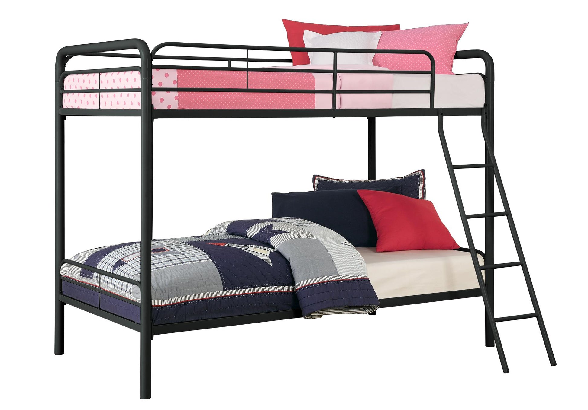 Twin over Twin Metal Bunk Bed with Slanted Front Ladder and Guardrails - Black - Twin-Over-Twin