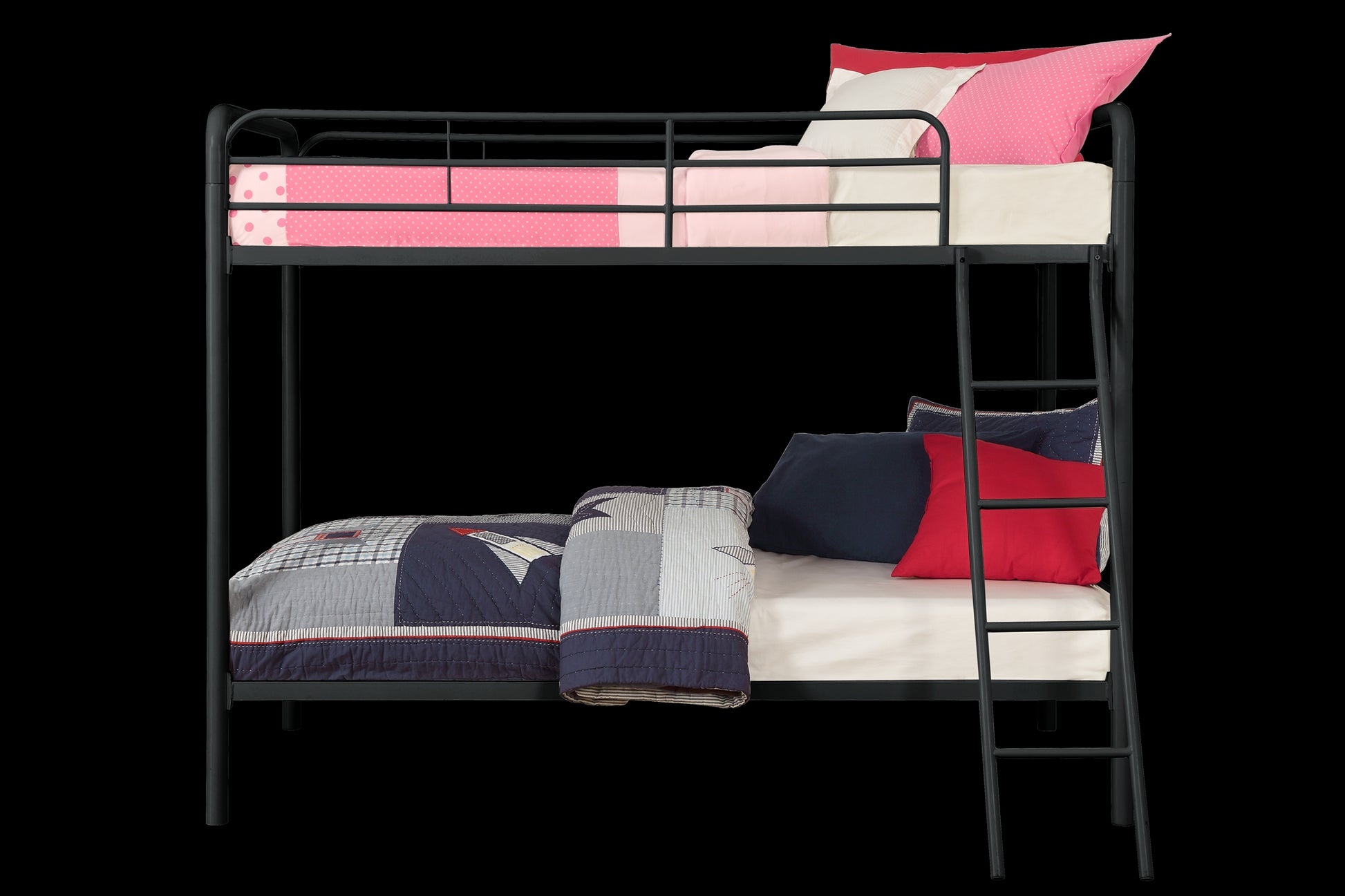 Twin over Twin Metal Bunk Bed with Slanted Front Ladder and Guardrails - Black - Twin-Over-Twin