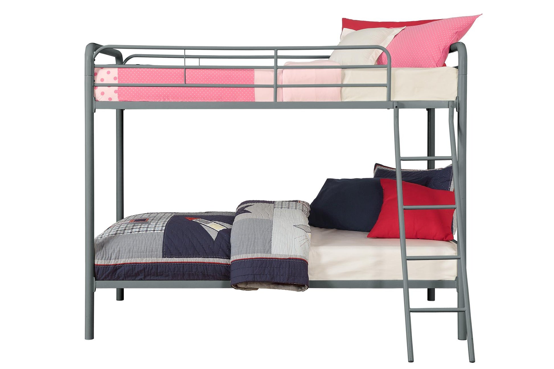 Twin over Twin Metal Bunk Bed with Slanted Front Ladder and Guardrails - Silver - Twin-Over-Twin