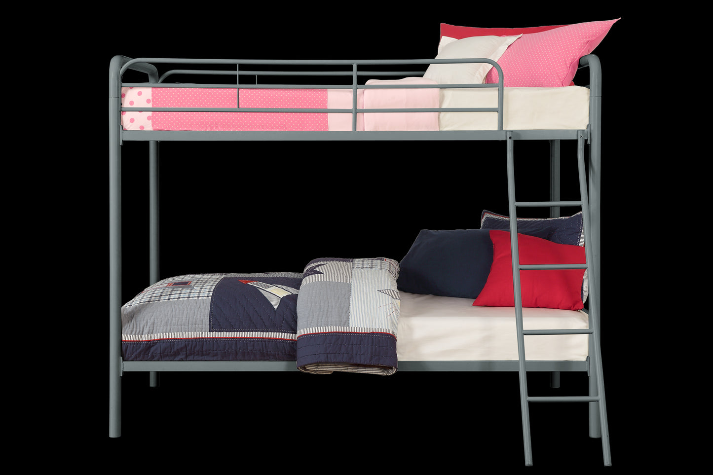 Twin over Twin Metal Bunk Bed with Slanted Front Ladder and Guardrails - Silver - Twin-Over-Twin