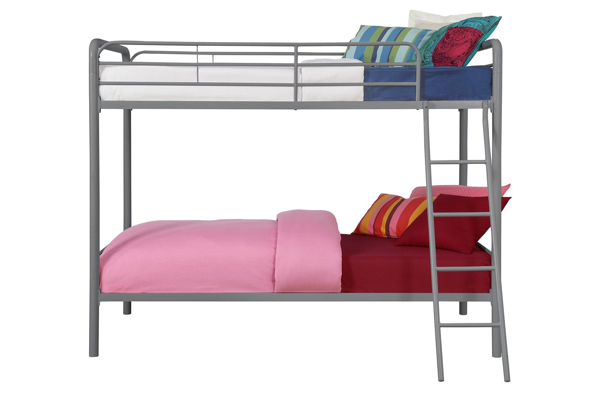 Twin over Twin Metal Bunk Bed with Slanted Front Ladder and Guardrails - Silver - Twin-Over-Twin