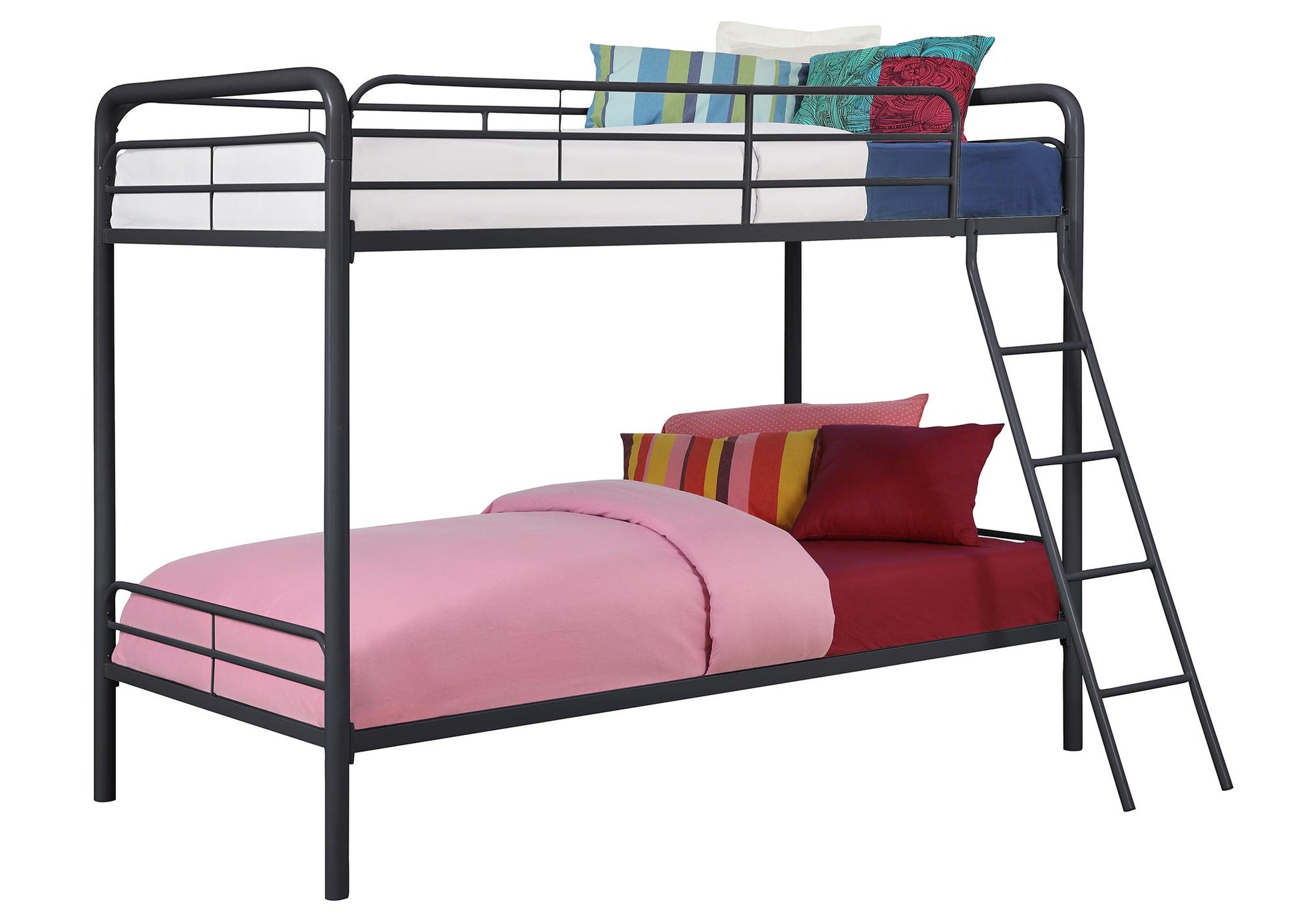 Twin over Twin Metal Bunk Bed with Slanted Front Ladder and Guardrails - Black - Twin-Over-Twin