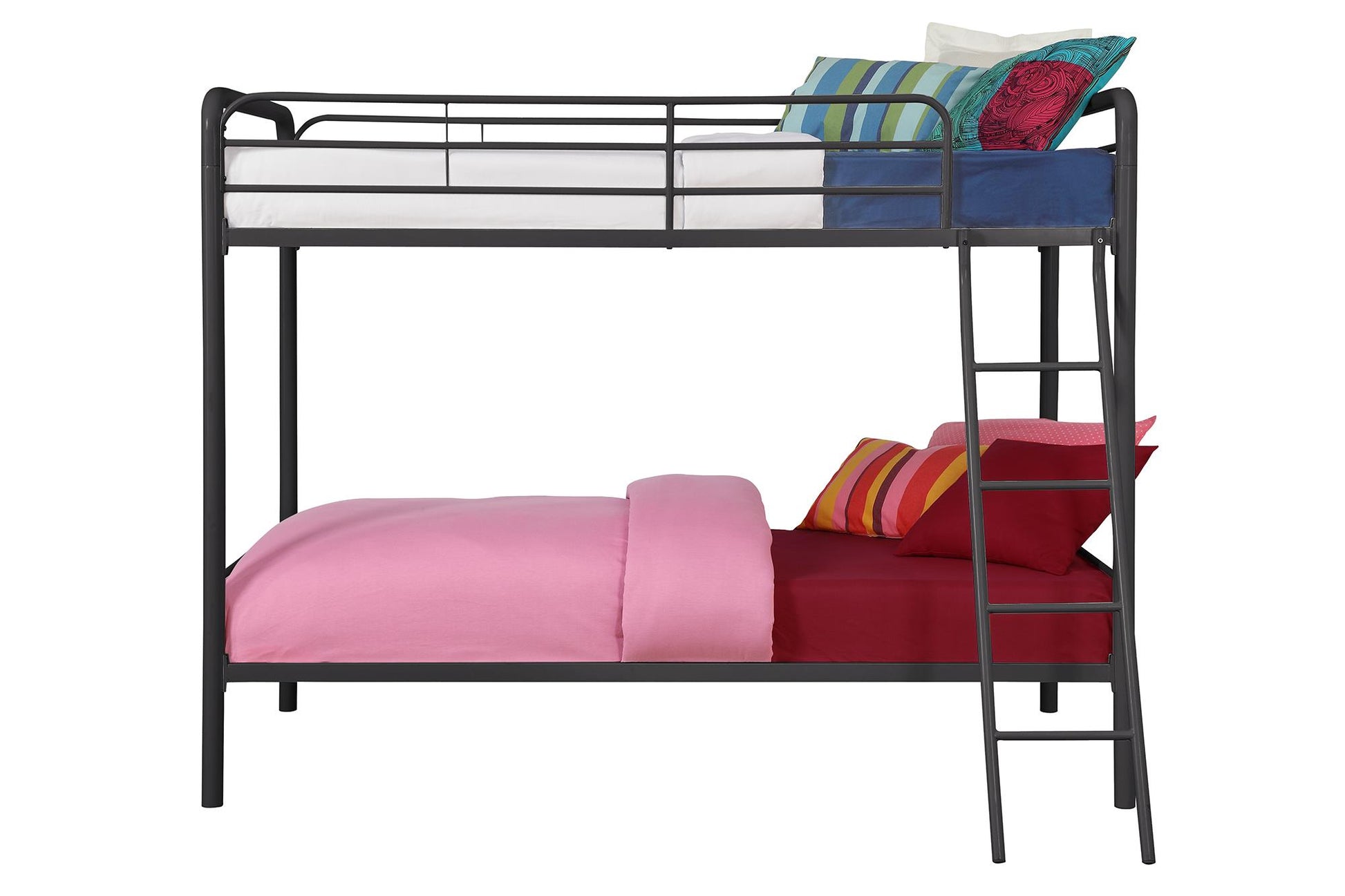 Twin over Twin Metal Bunk Bed with Slanted Front Ladder and Guardrails - Black - Twin-Over-Twin