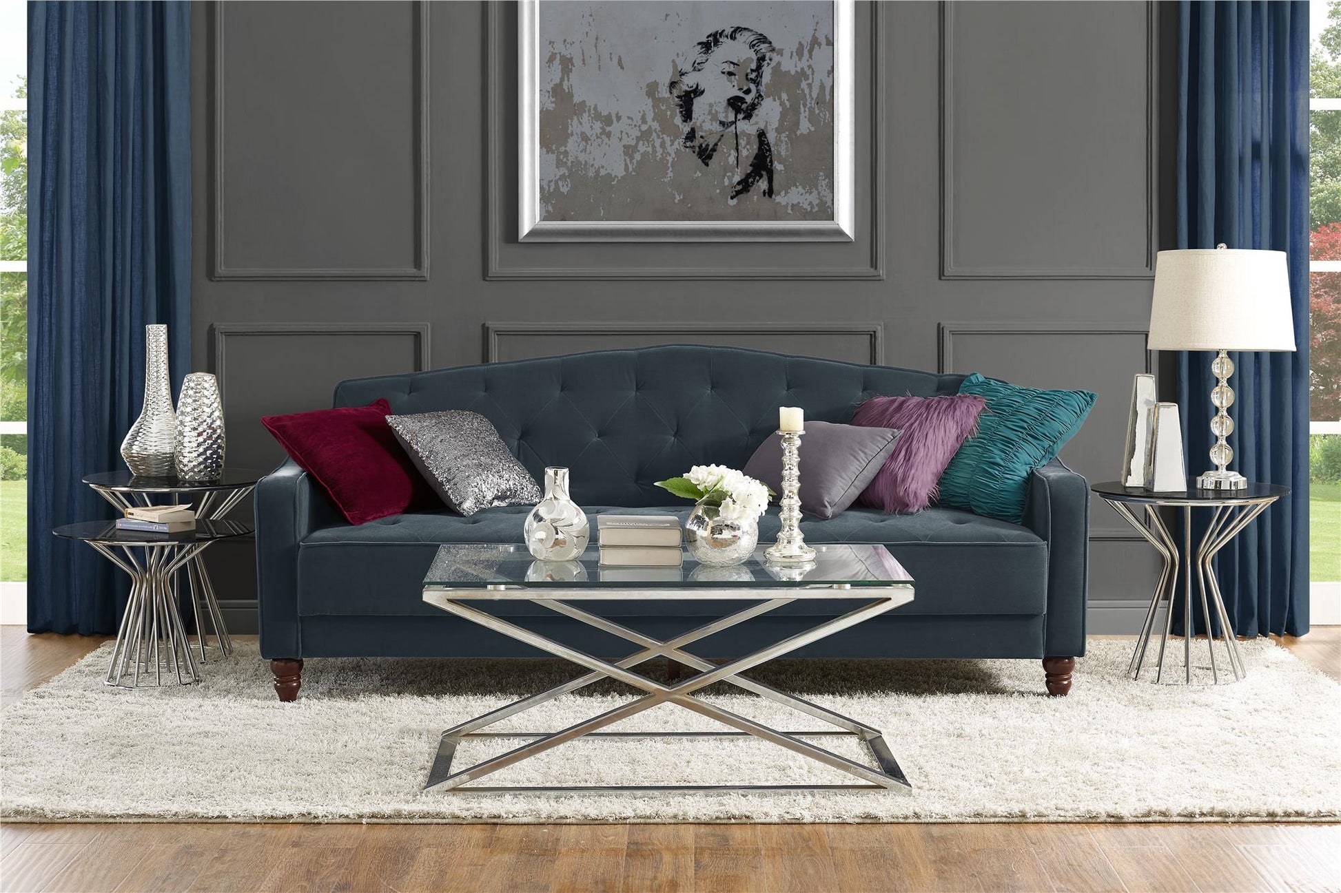 Novogratz Vintage Tufted Sofa Sleeper  - Blue Velvet