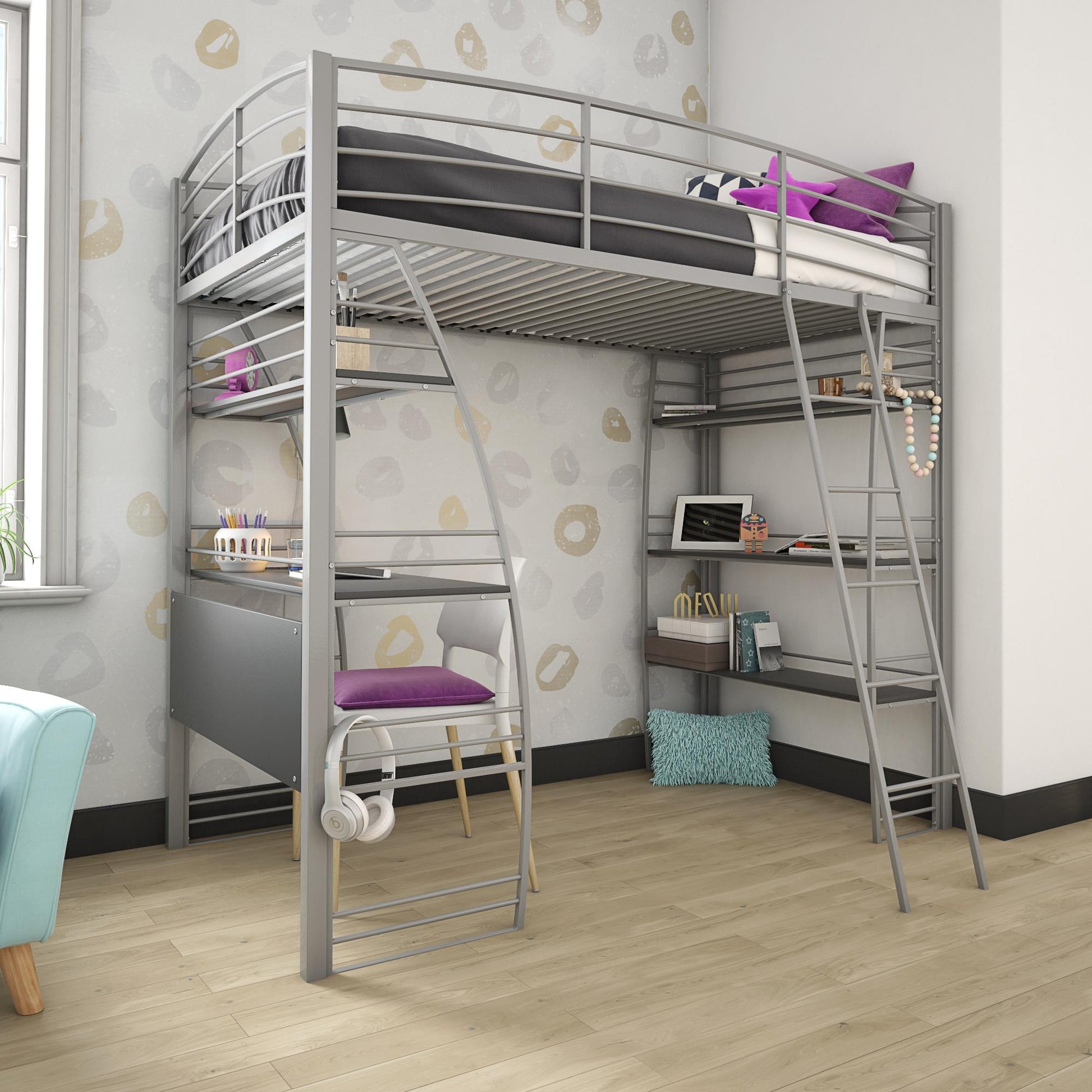 Sage Studio Twin Loft Bed with Integrated Desk and Shelves - White - Twin