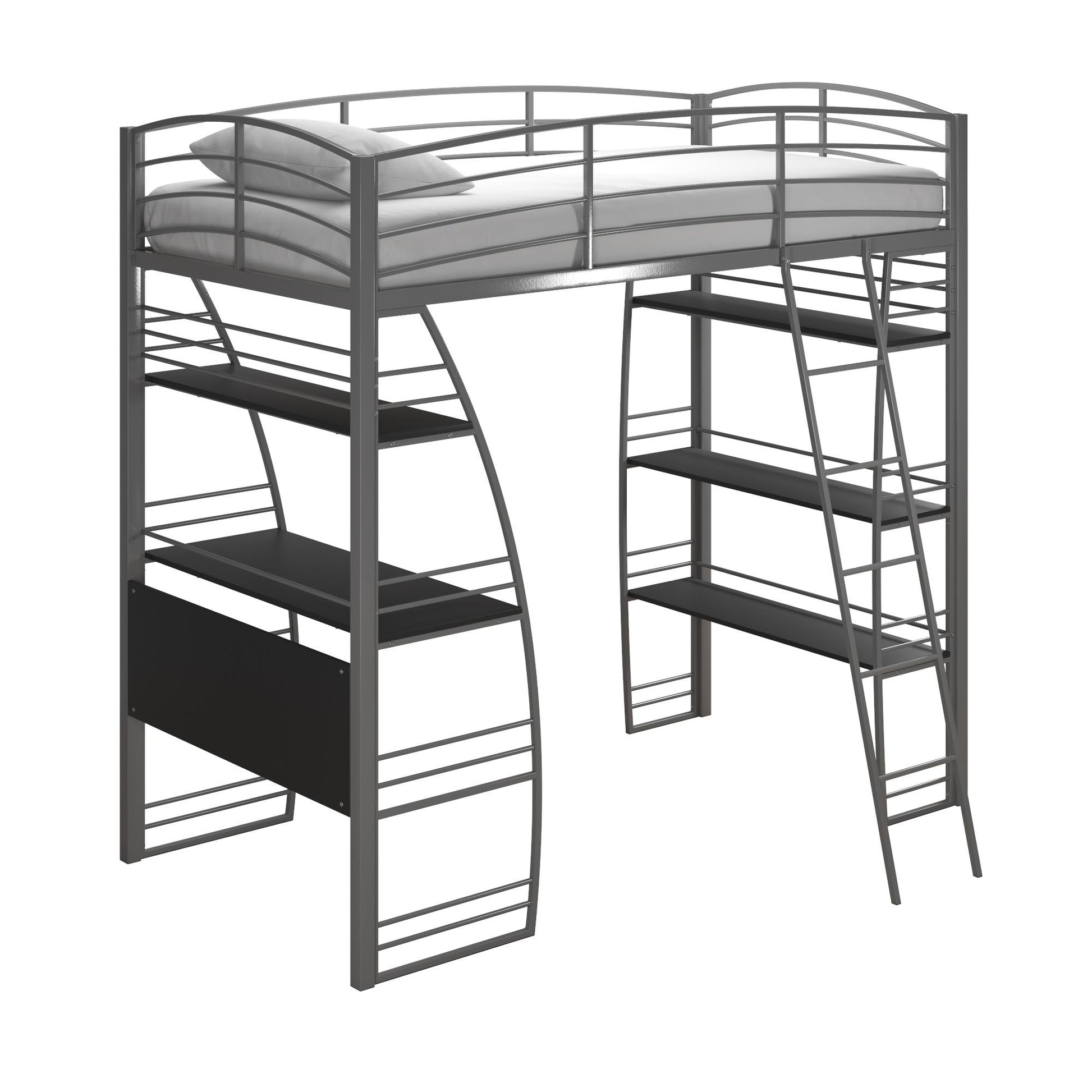 Sage Studio Twin Loft Bed with Integrated Desk and Shelves - Silver - Twin
