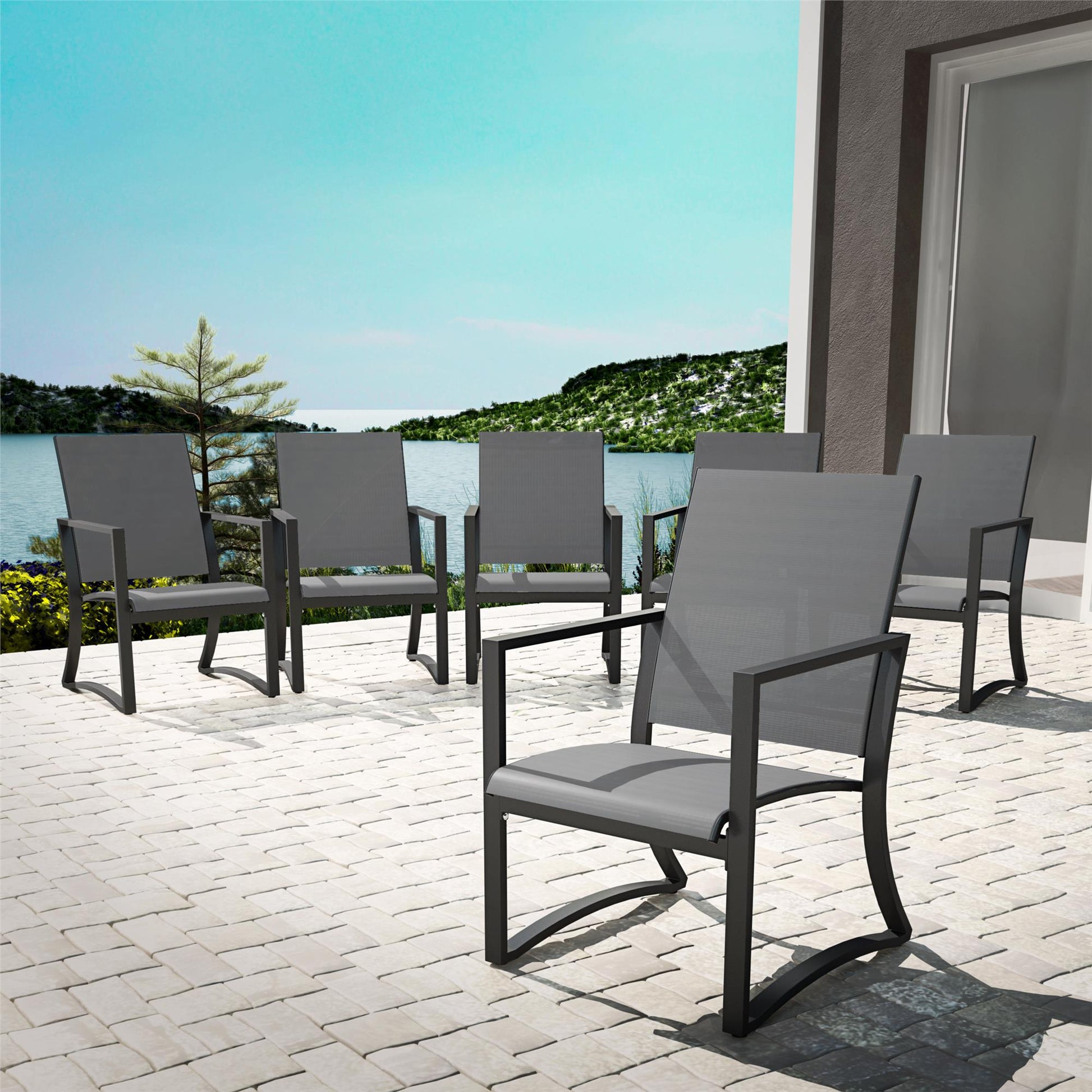Patio Dining Chairs with Armrests and Sled Legs, Set of 6 - Light Gray