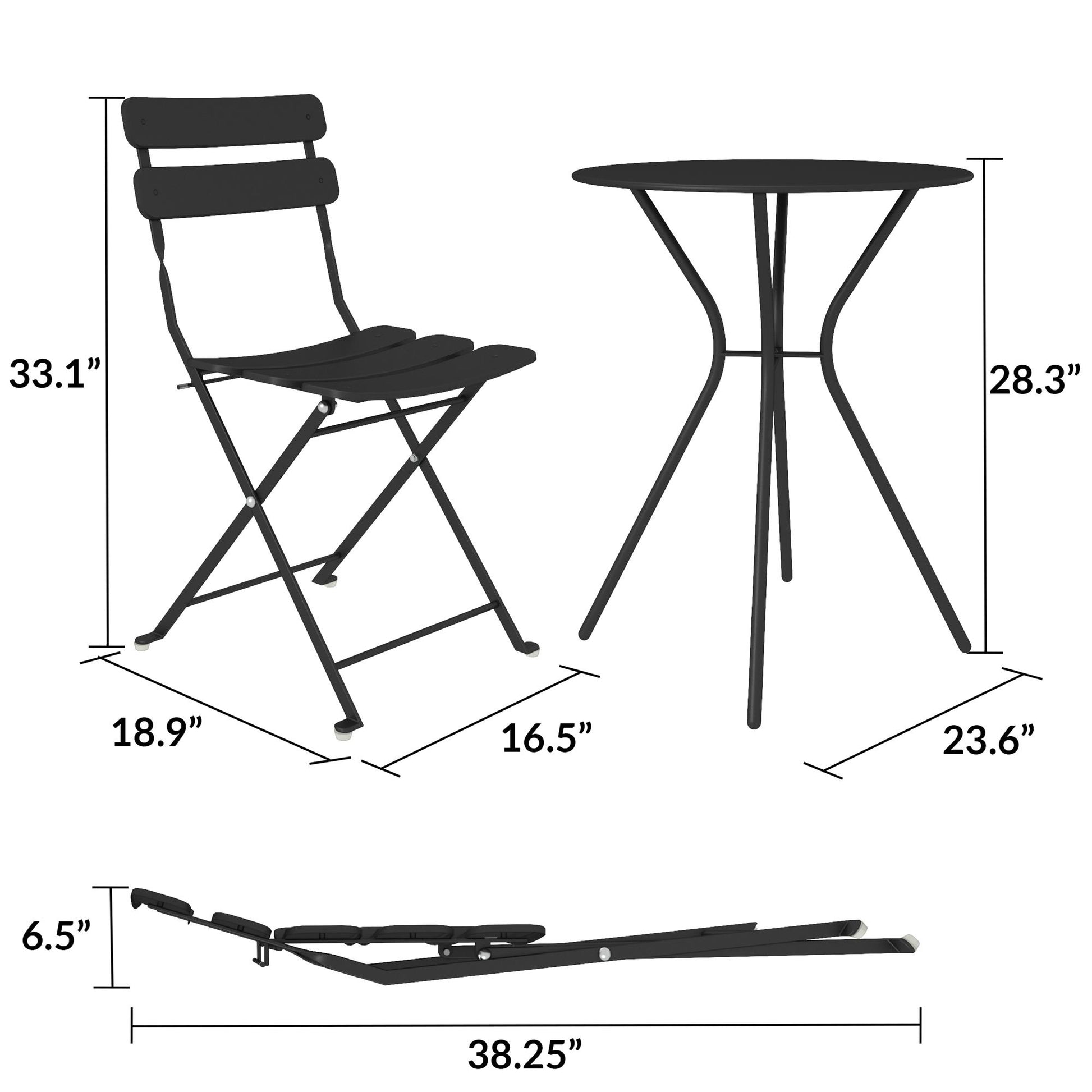 Outdoor Dining Set 3 Piece Bistro Set with 2 Folding Chairs and Round Table - Black