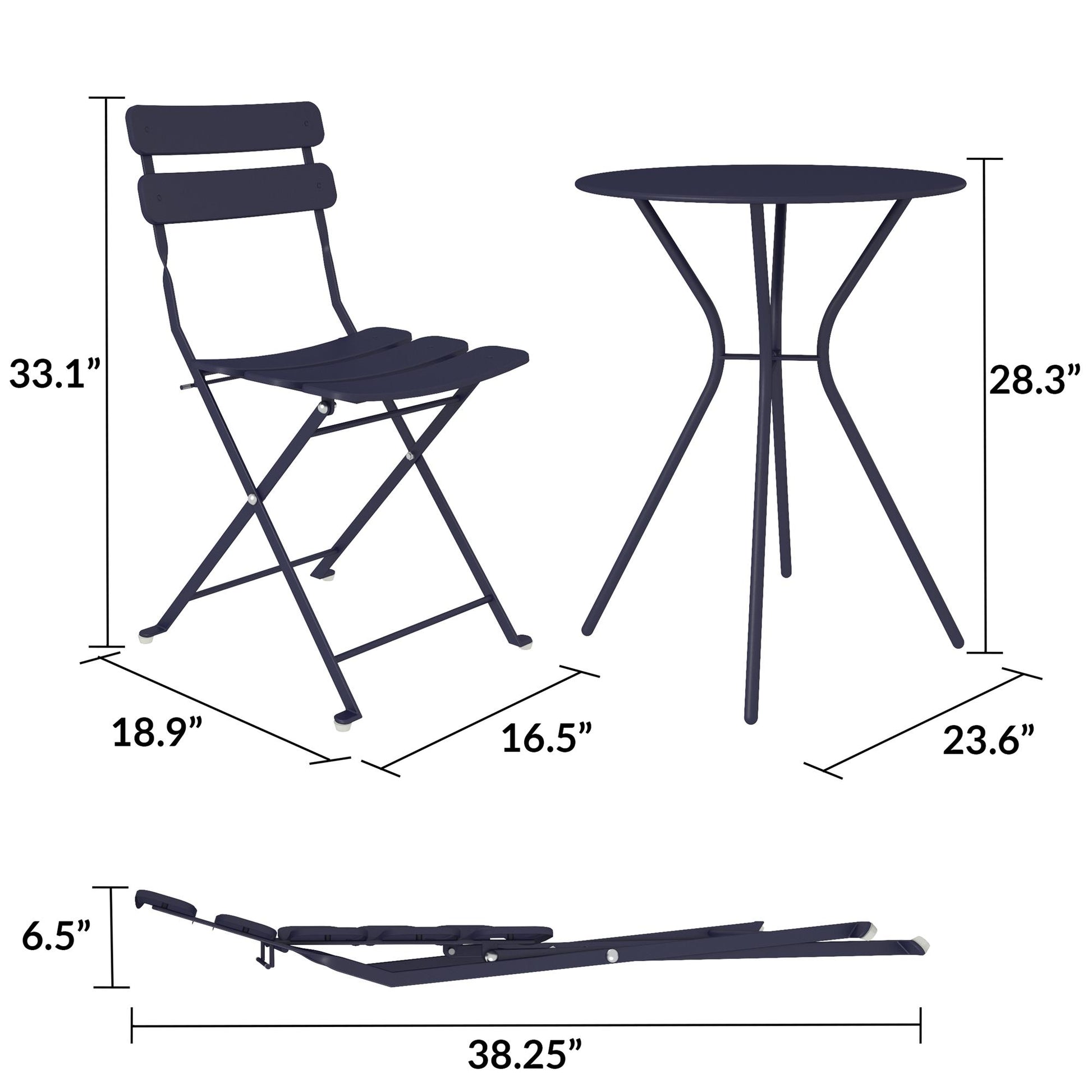 Outdoor Dining Set 3 Piece Bistro Set with 2 Folding Chairs and Round Table - Navy