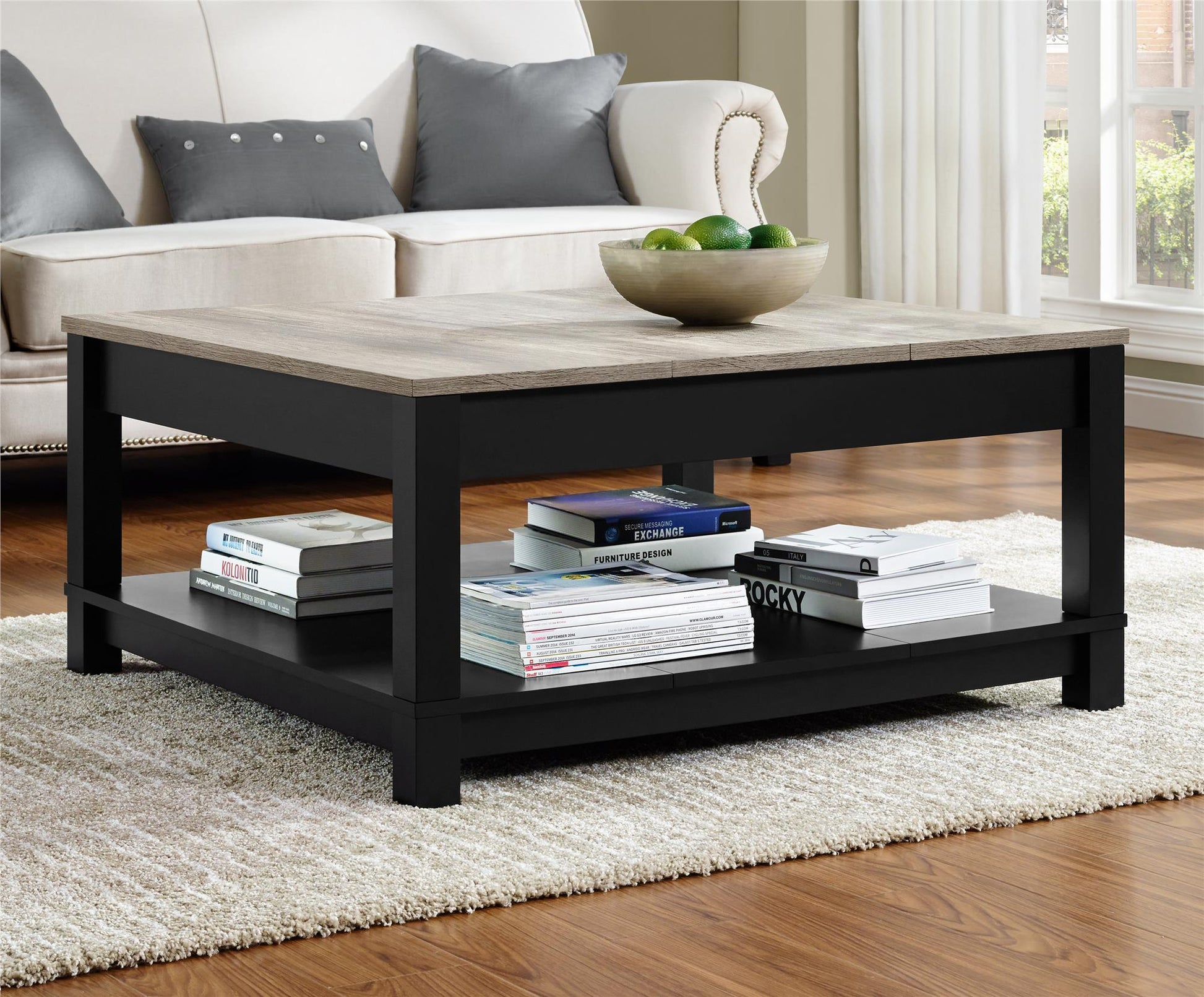 Carver Coffee Table with Bottom Magazine Storage Shelf - Black