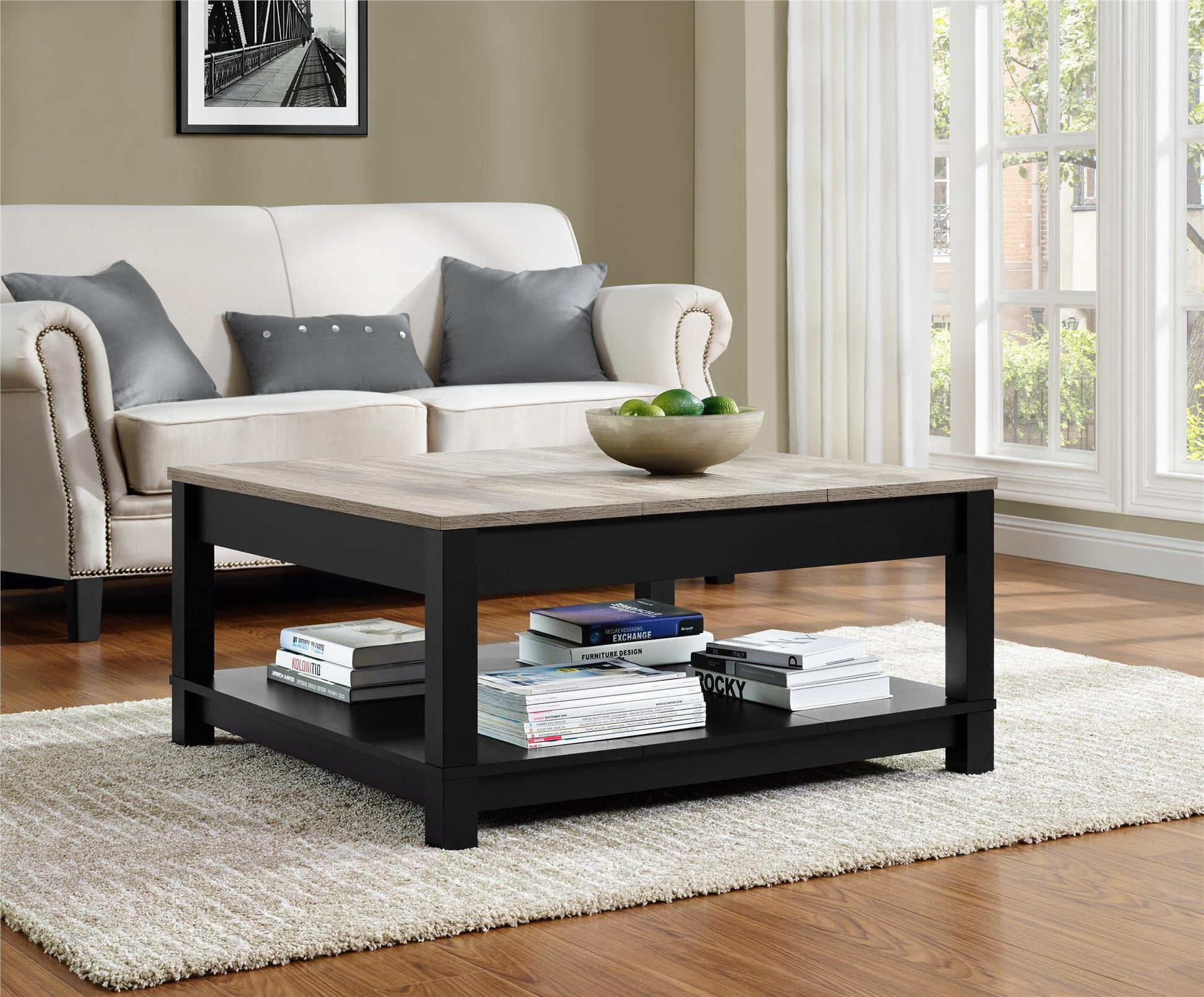 Carver Coffee Table with Bottom Magazine Storage Shelf - Black