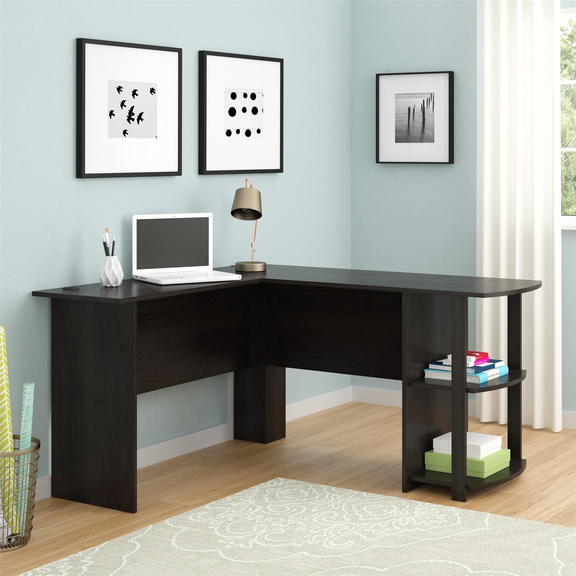 Dakota Computer L Desk with Side Bookshelf and Large Worksurface - Espresso
