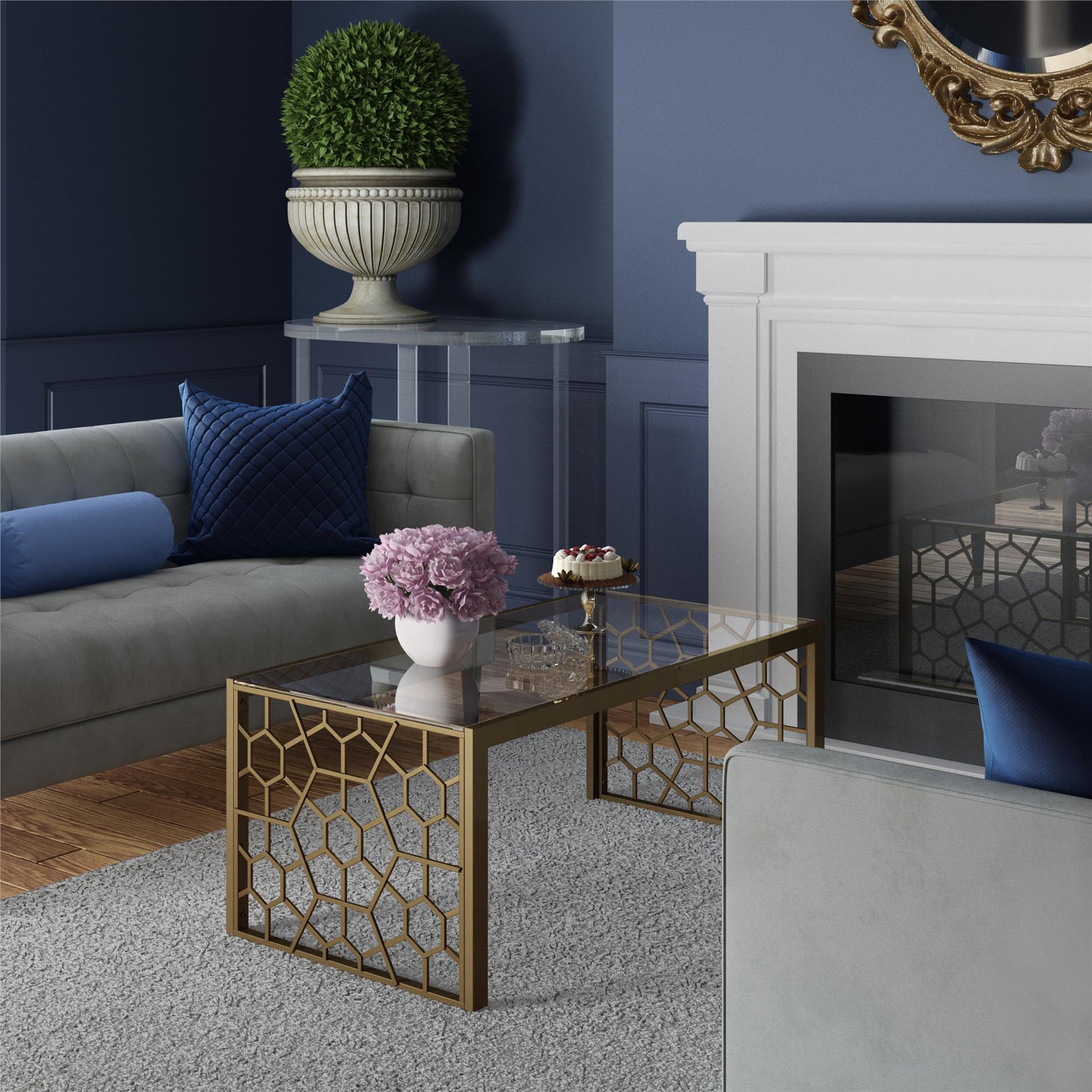 CosmoLiving Juliette Glass Top Coffee Table, Brass, Tempered Glass - Brass