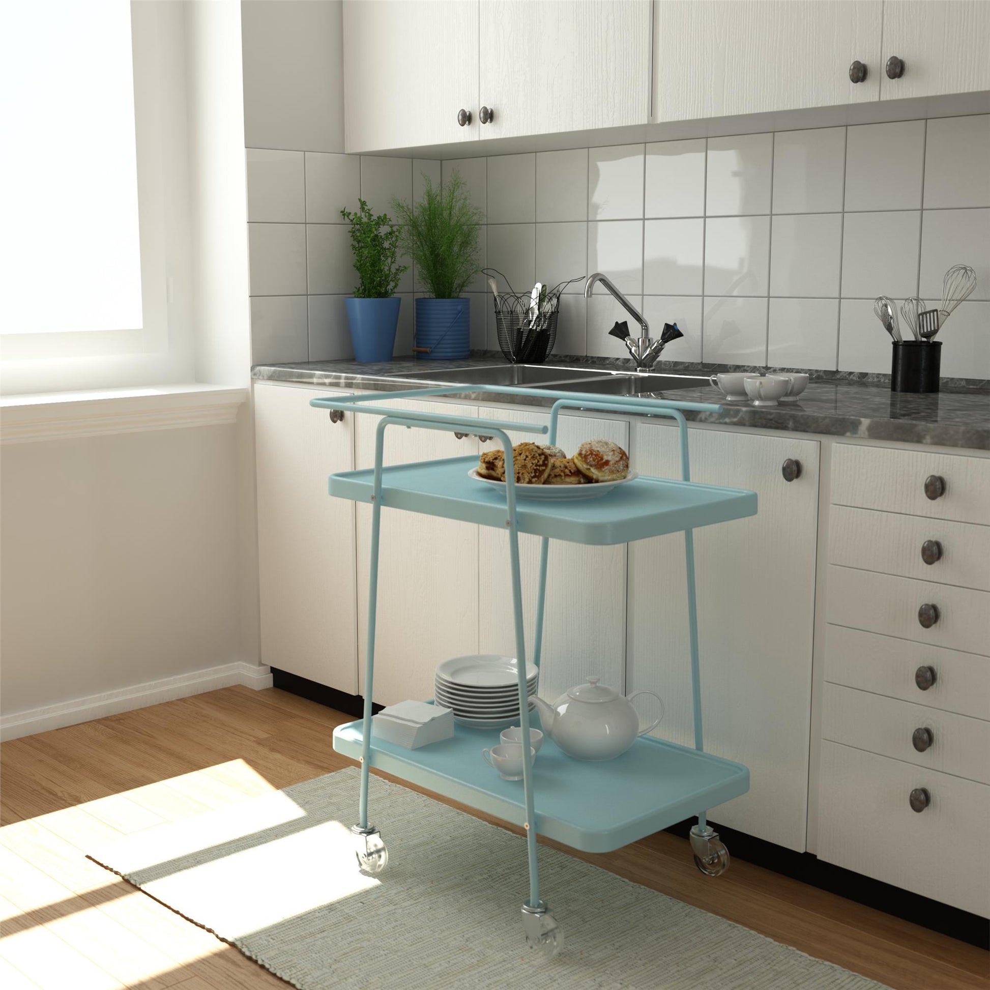 2 Tier Serving Cart on Wheels with Locking Casters - Light Blue - 1-Pack