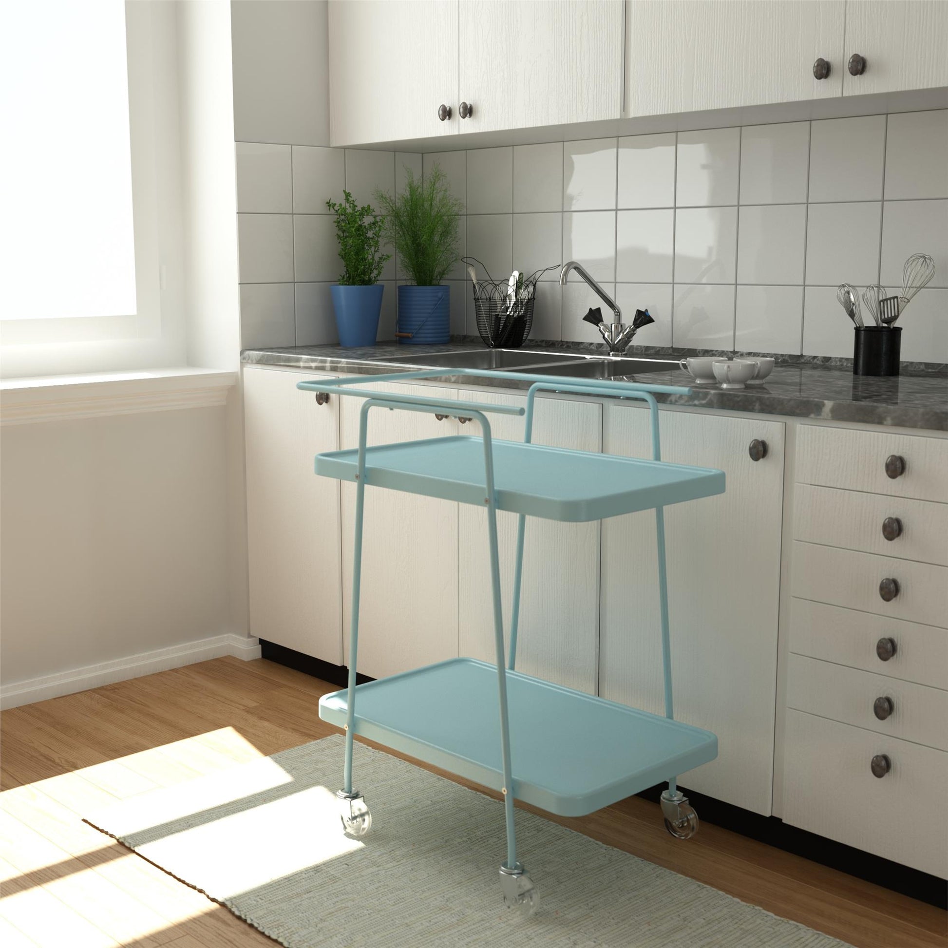 2 Tier Serving Cart on Wheels with Locking Casters - Light Blue - 1-Pack