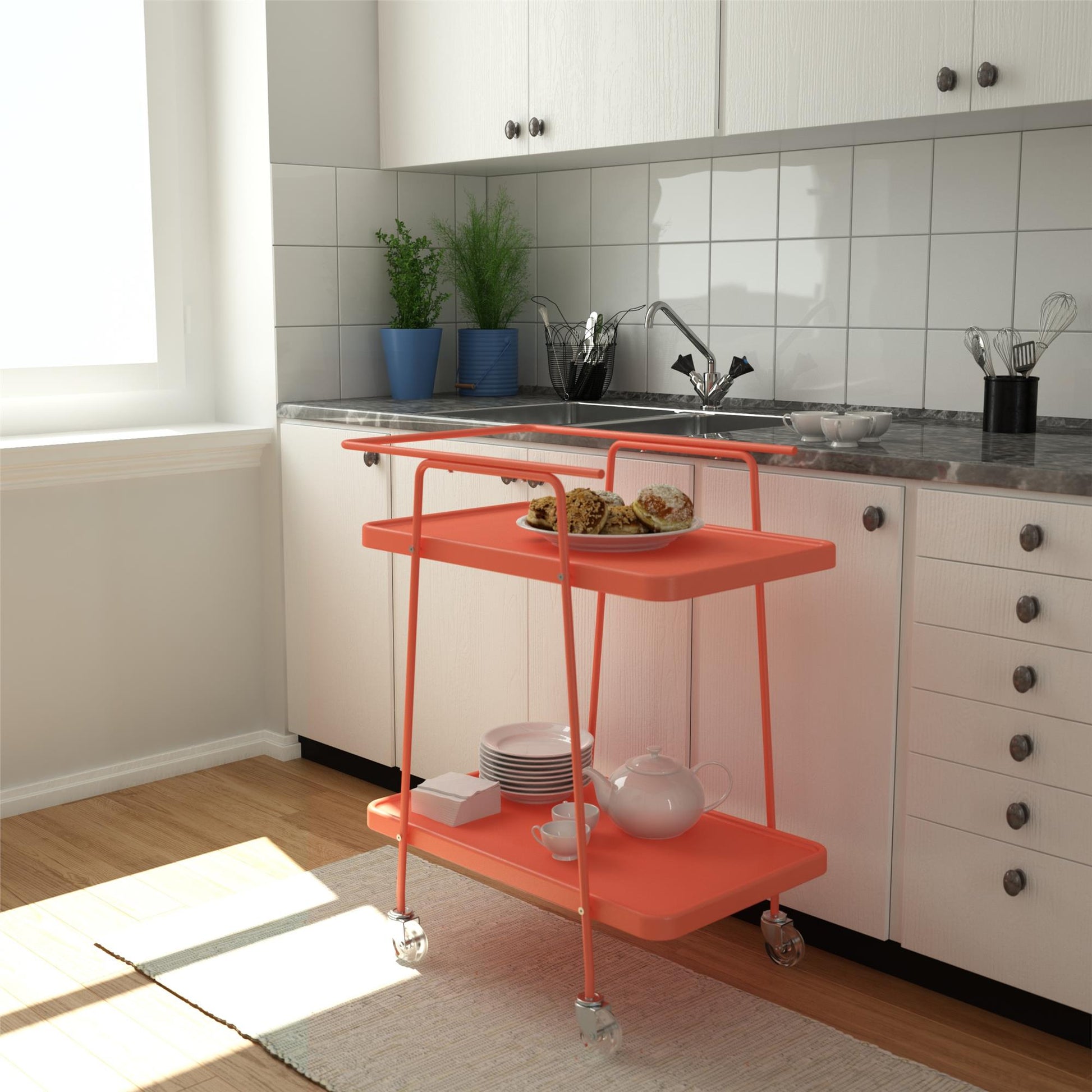2 Tier Serving Cart on Wheels with Locking Casters - Coral - 1-Pack