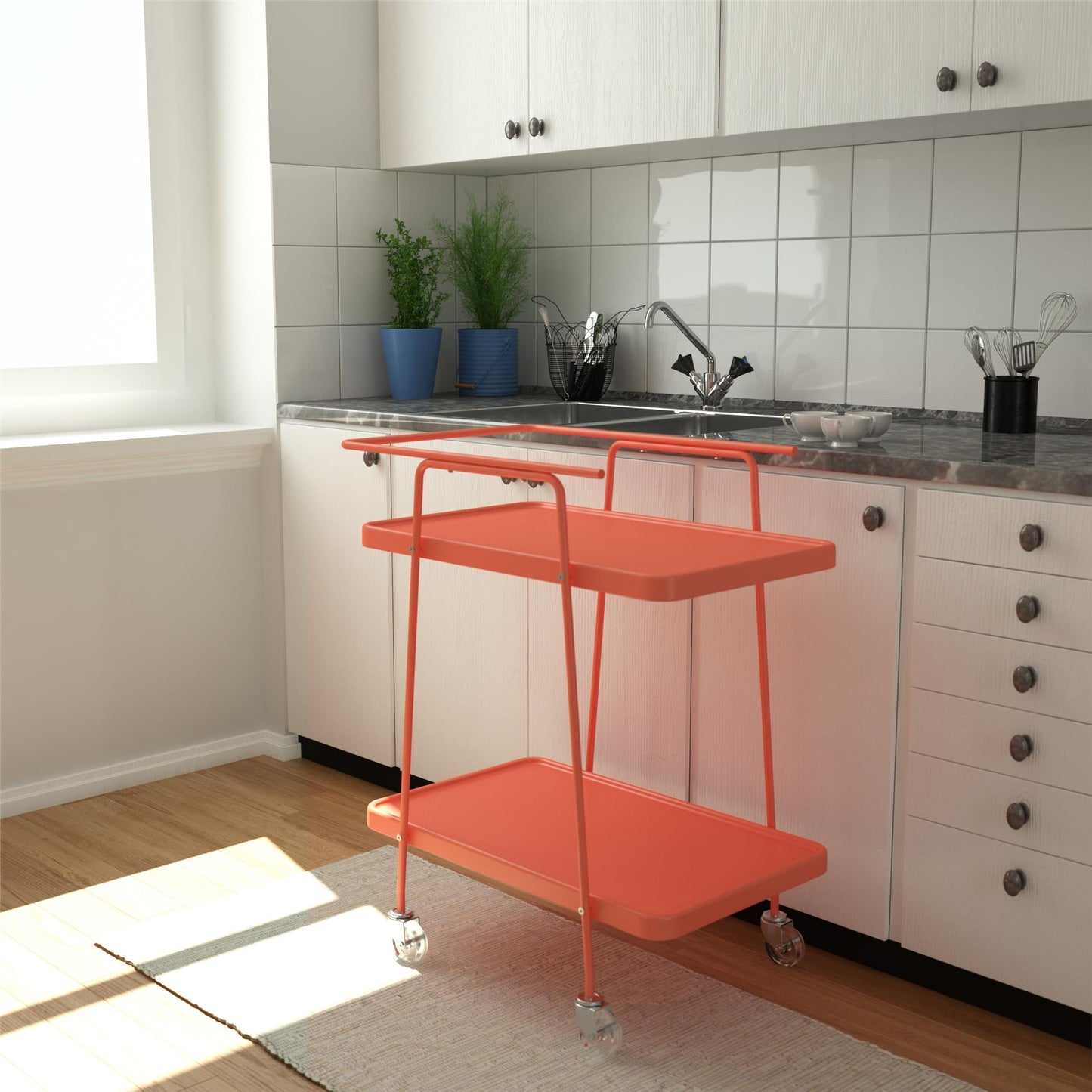 2 Tier Serving Cart on Wheels with Locking Casters - Coral - 1-Pack