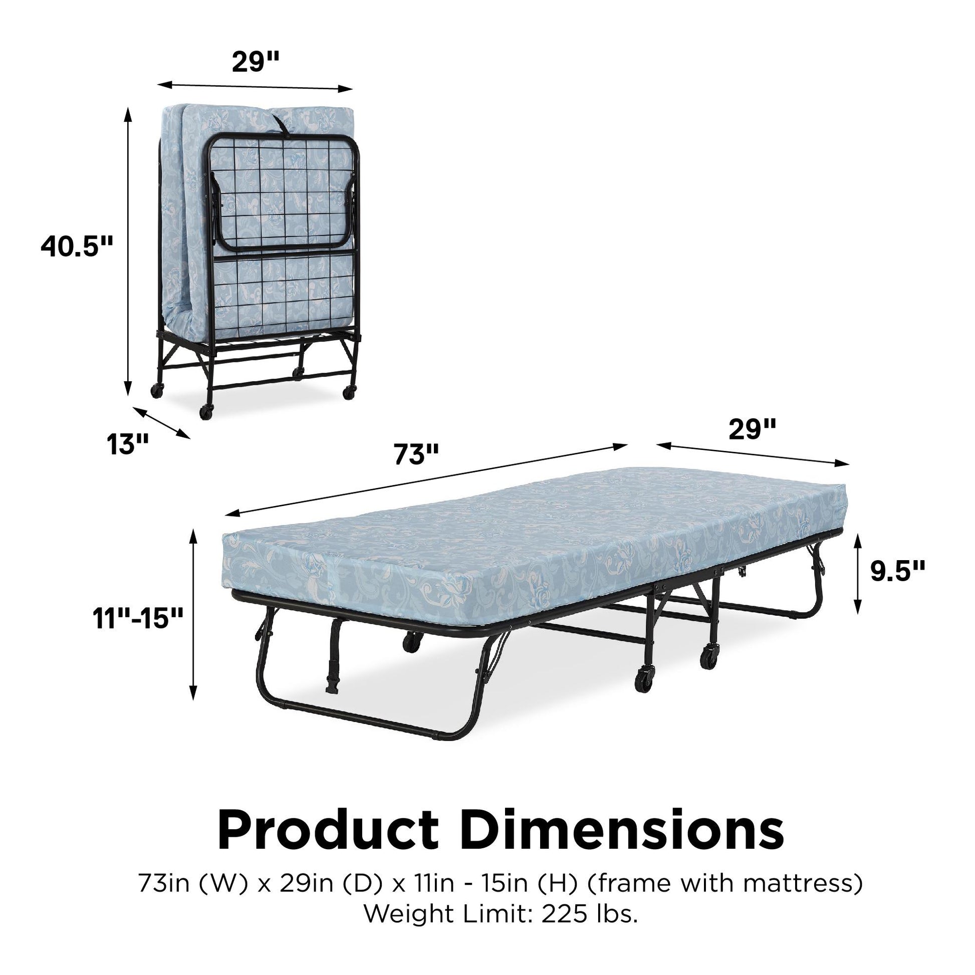 Levy Folding Guest Bed with Metal Frame and 4 Inch Mattress - Black - Twin