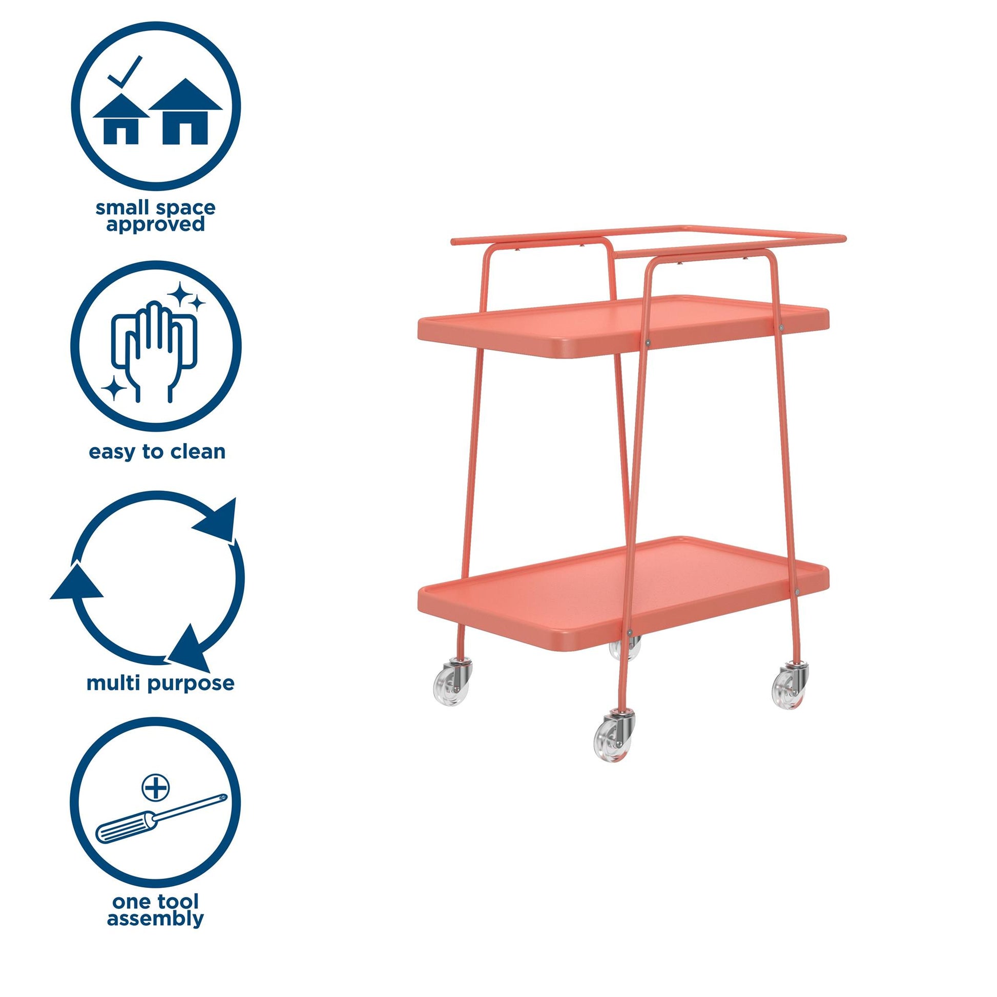 2 Tier Serving Cart on Wheels with Locking Casters - Coral - 1-Pack