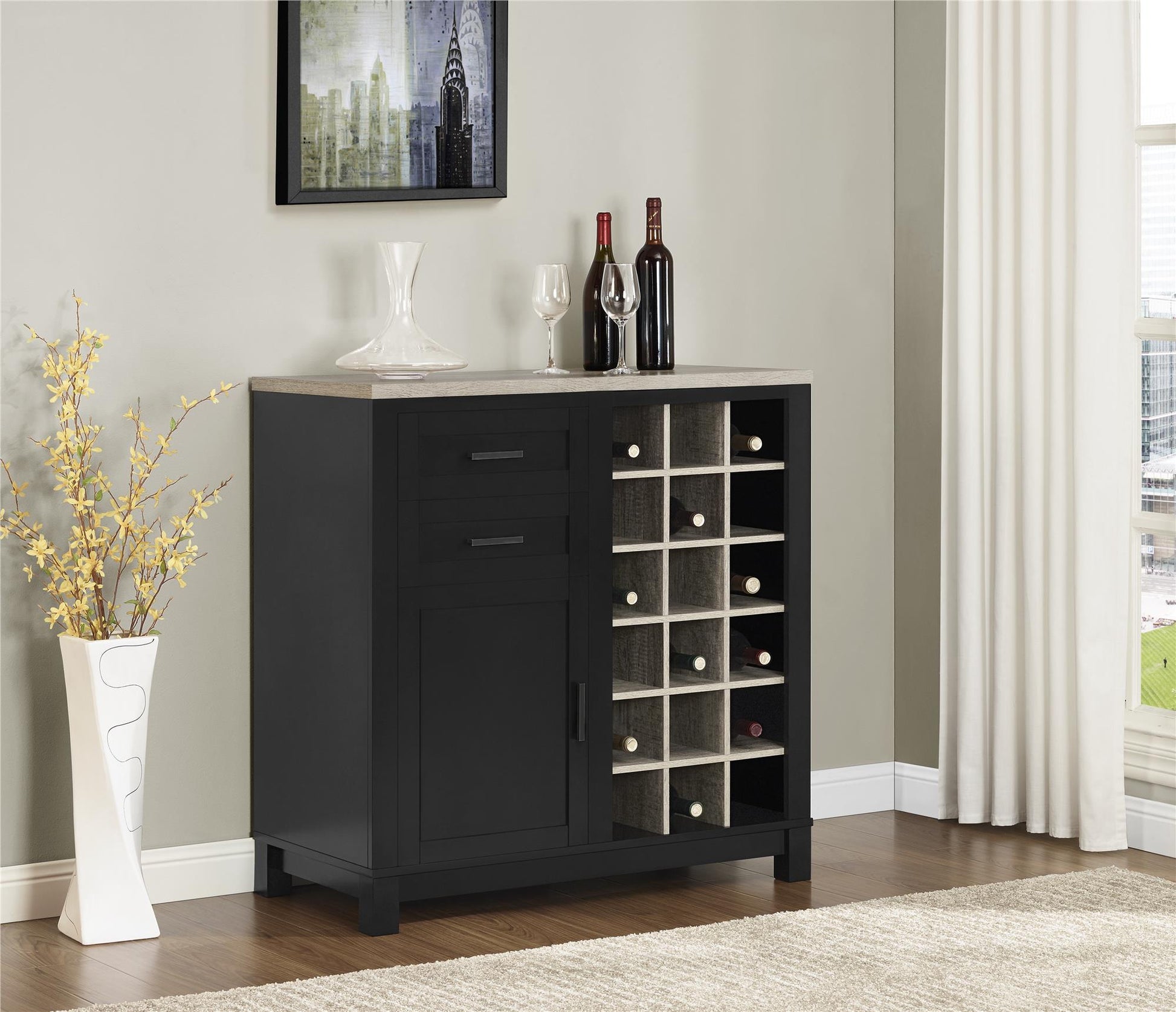Carver Bar Cabinet with 2 Drawers and 18 Compartments - Black