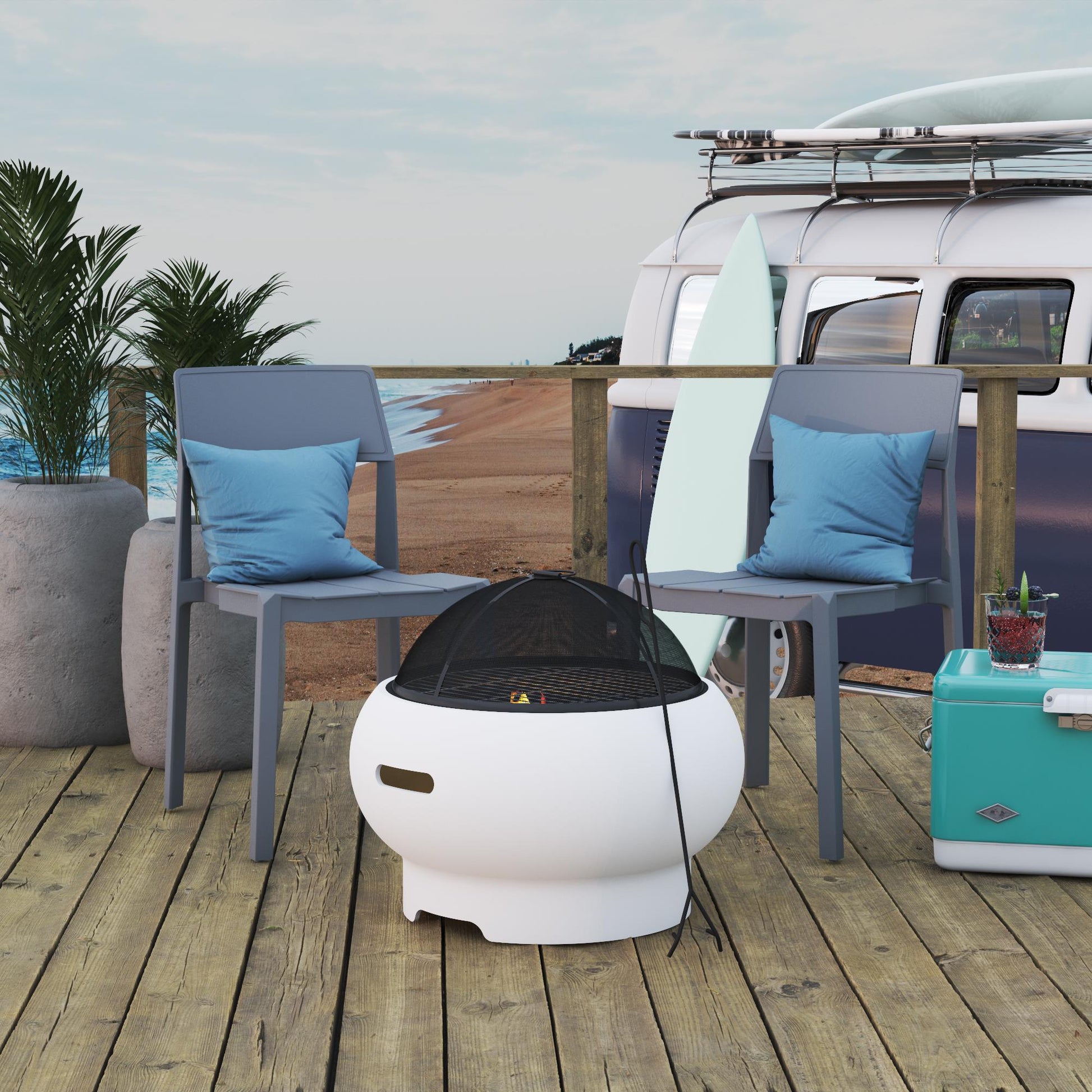 Novogratz Poolside Collection, Asher 27" Wood Burning Fire Pit with Grilling Surface, Bright White - White