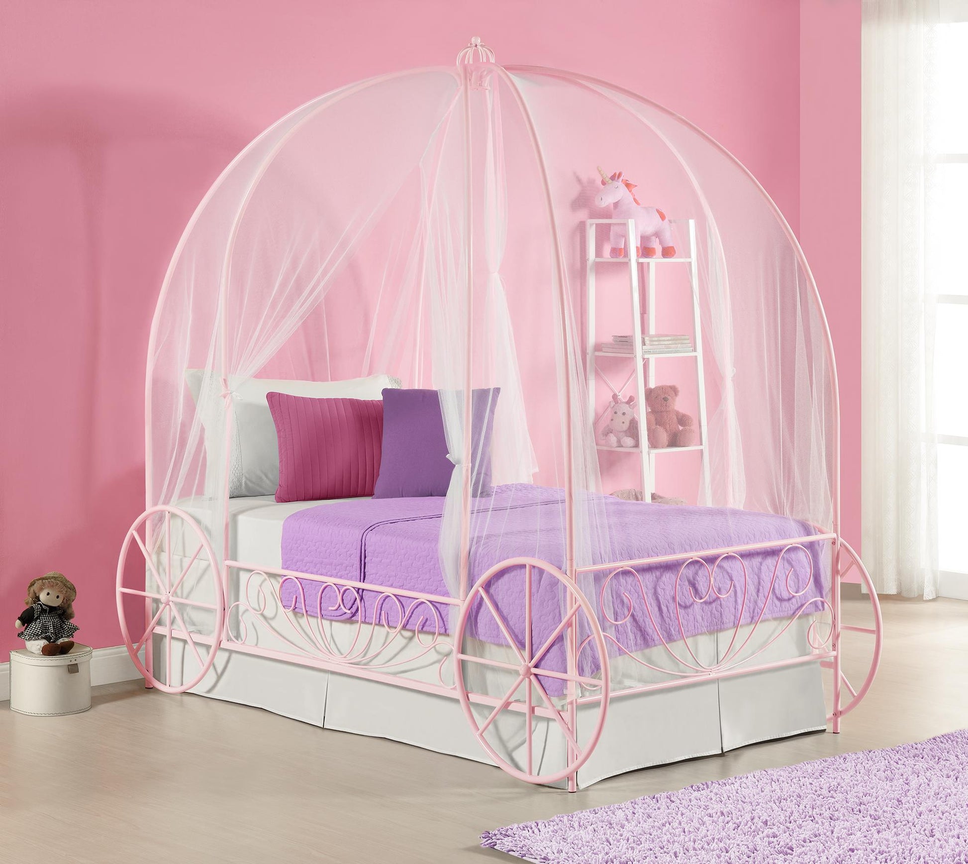 Metal Twin Carriage Bed Whimsical and Scrolled Design - White - Twin