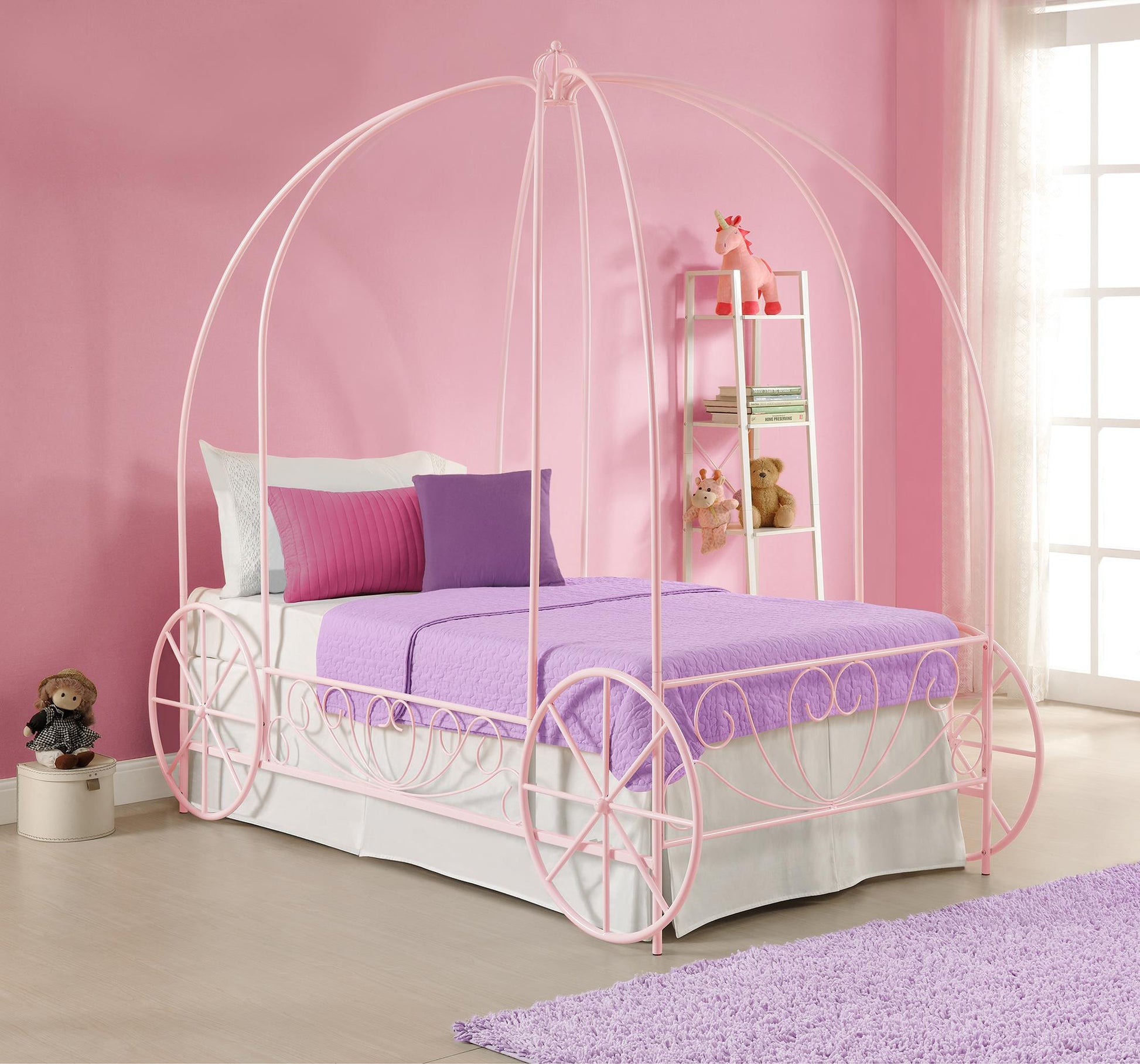 Metal Twin Carriage Bed Whimsical and Scrolled Design - Pink - Twin