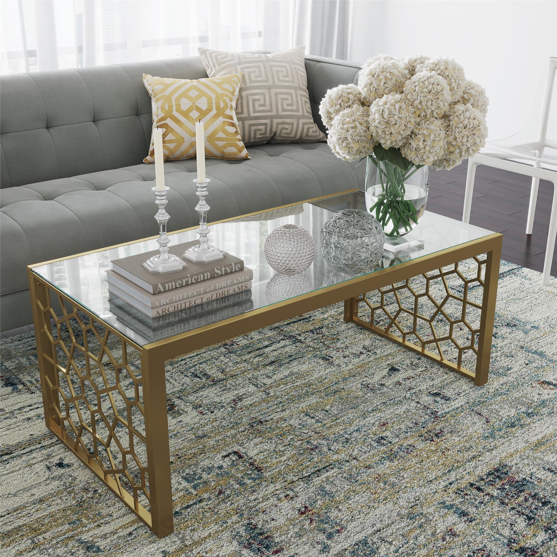 CosmoLiving Juliette Glass Top Coffee Table, Brass, Tempered Glass - Brass