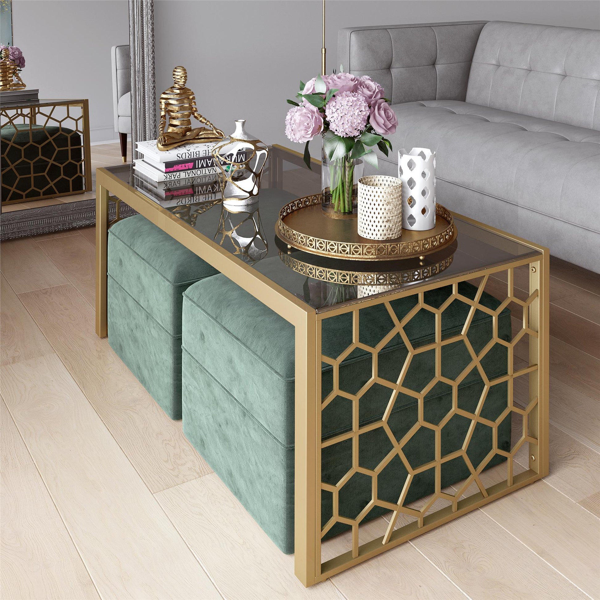 CosmoLiving Juliette Glass Top Coffee Table, Brass, Tempered Glass - Brass