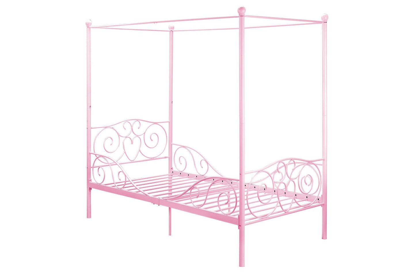 Canopy Metal Bed Frame with Intricate Design Headboard and Secured Slats - Pink - Twin