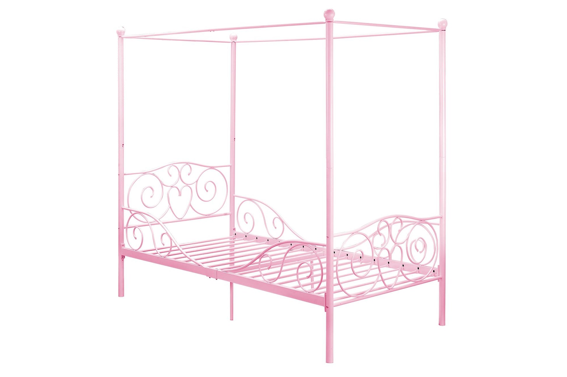 Canopy Metal Bed Frame with Intricate Design Headboard and Secured Slats - Pink - Twin