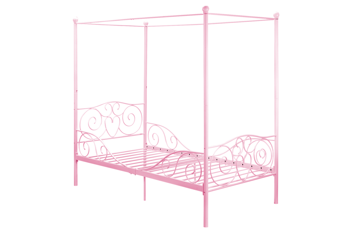 Canopy Metal Bed Frame with Intricate Design Headboard and Secured Slats - Pink - Twin