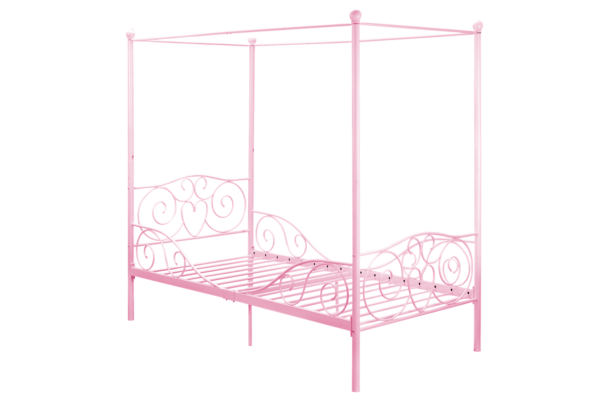 Canopy Metal Bed Frame with Intricate Design Headboard and Secured Slats - Pink - Twin