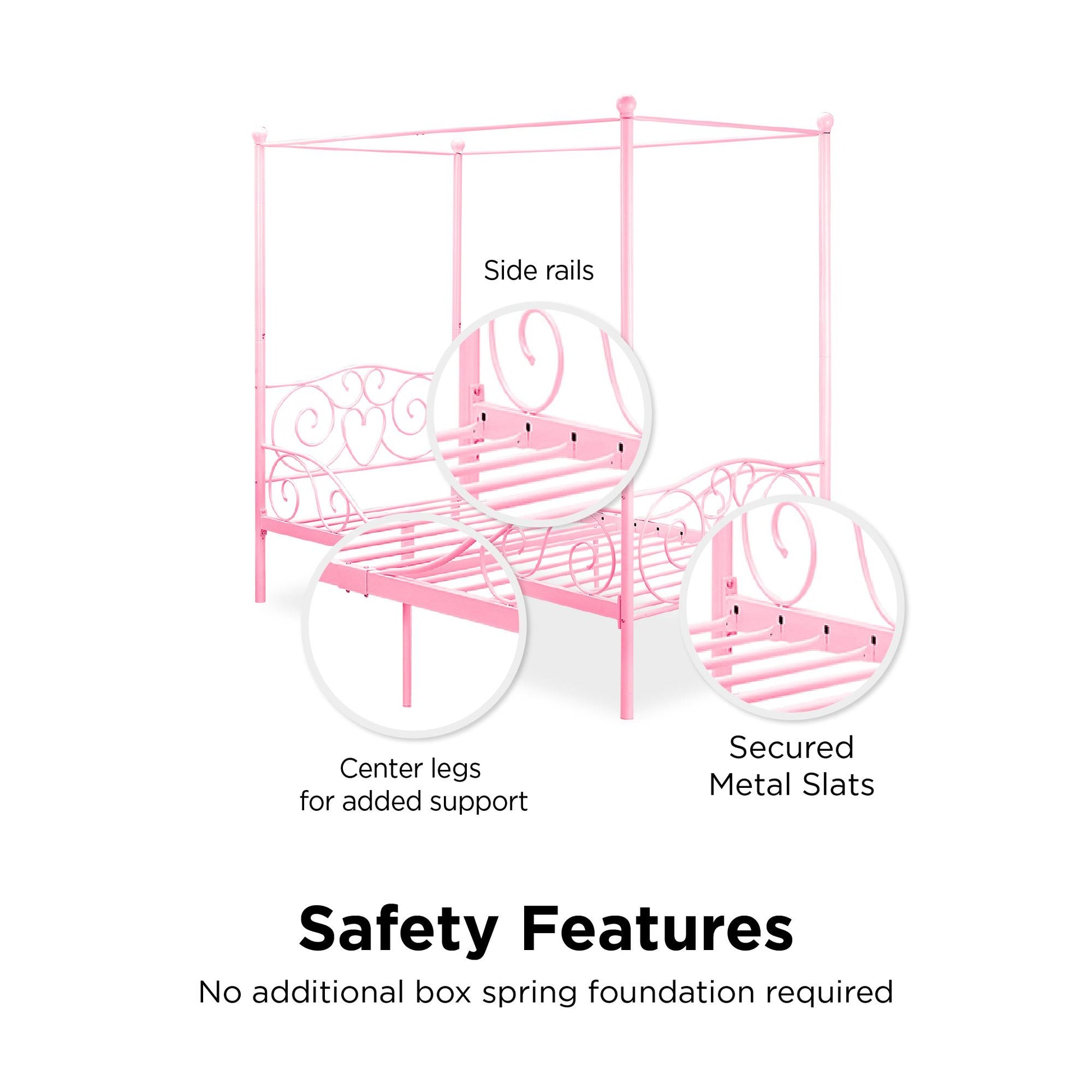 Canopy Metal Bed Frame with Intricate Design Headboard and Secured Slats - Pink - Twin
