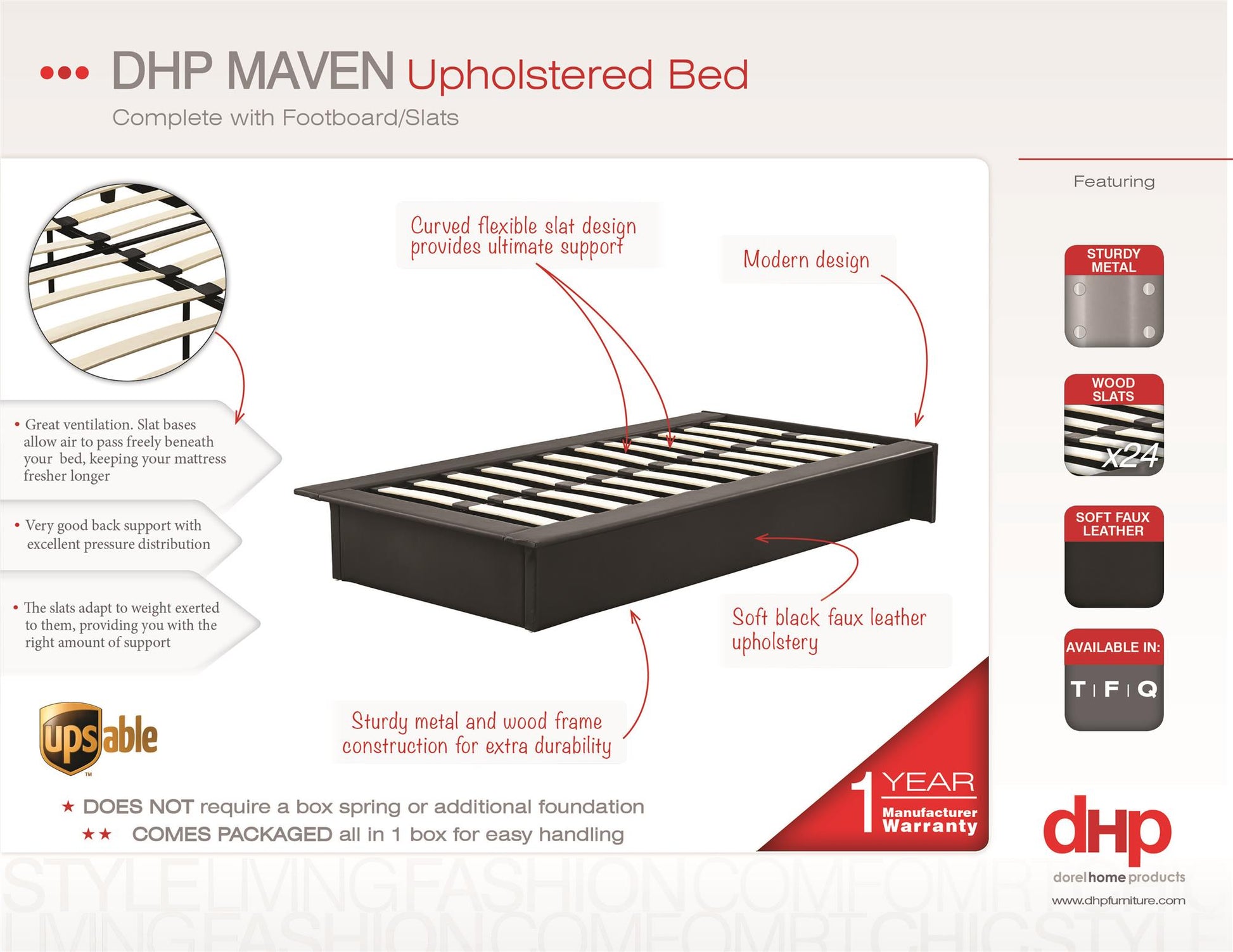 Maven Upholstered Bed with Modern Low Profile Design - Black - Full