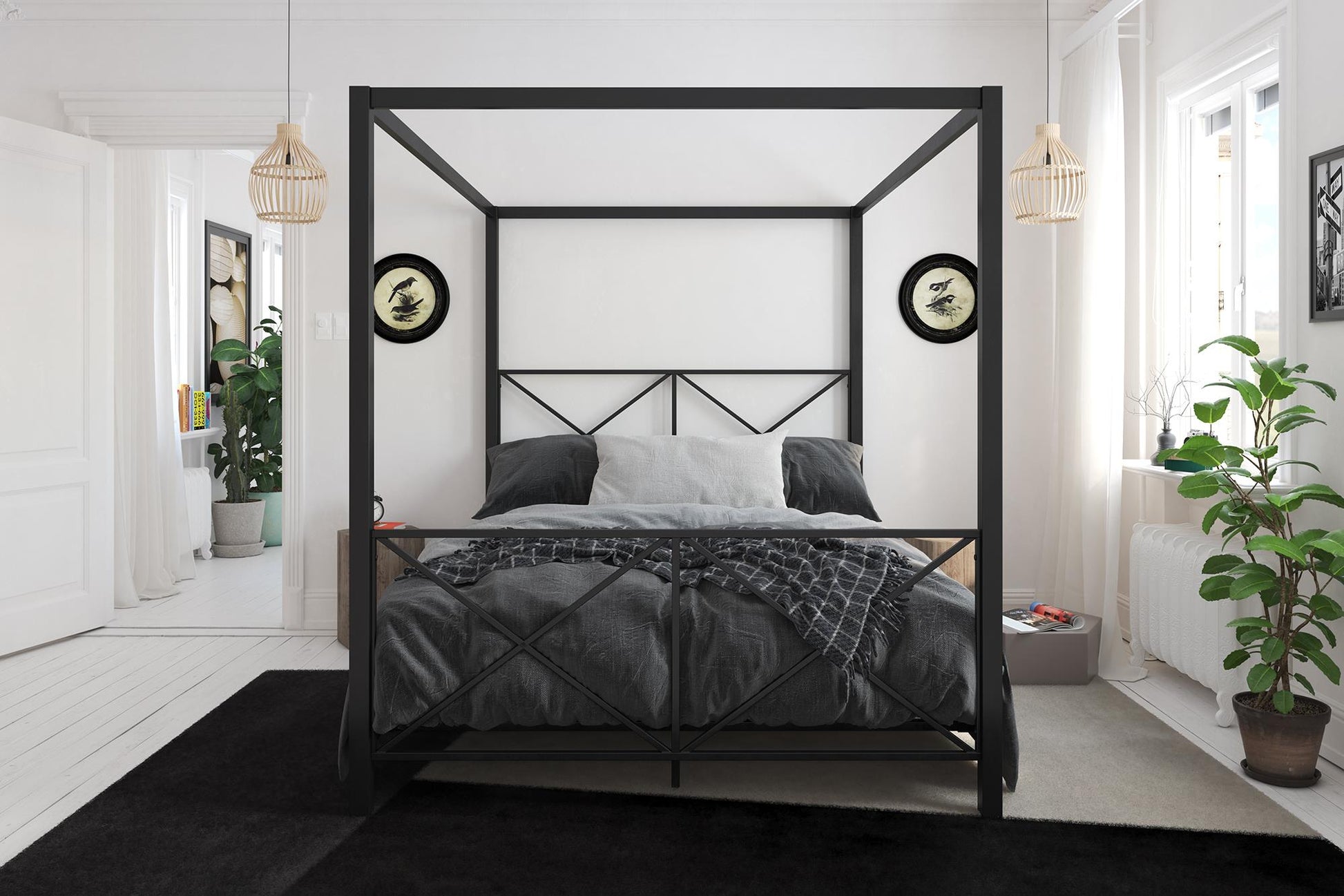 Rosedale Metal Four-Poster Canopy Bed with Crisscross Headboard and Footboard - Black - Queen