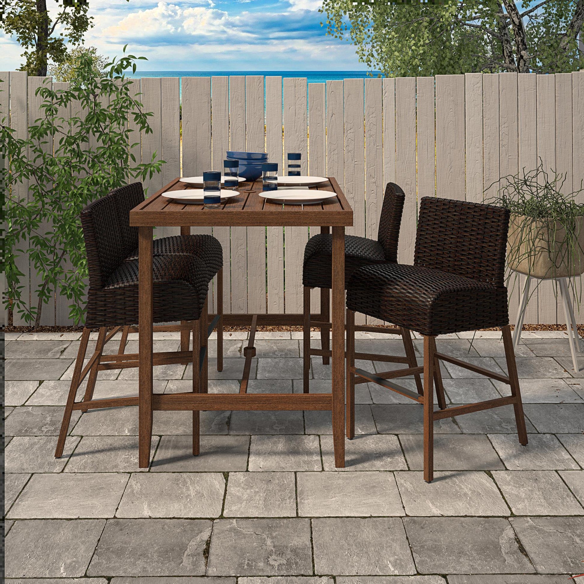 Counter Height Patio Bar Dining Table with Weather Resistant Frame - Brown